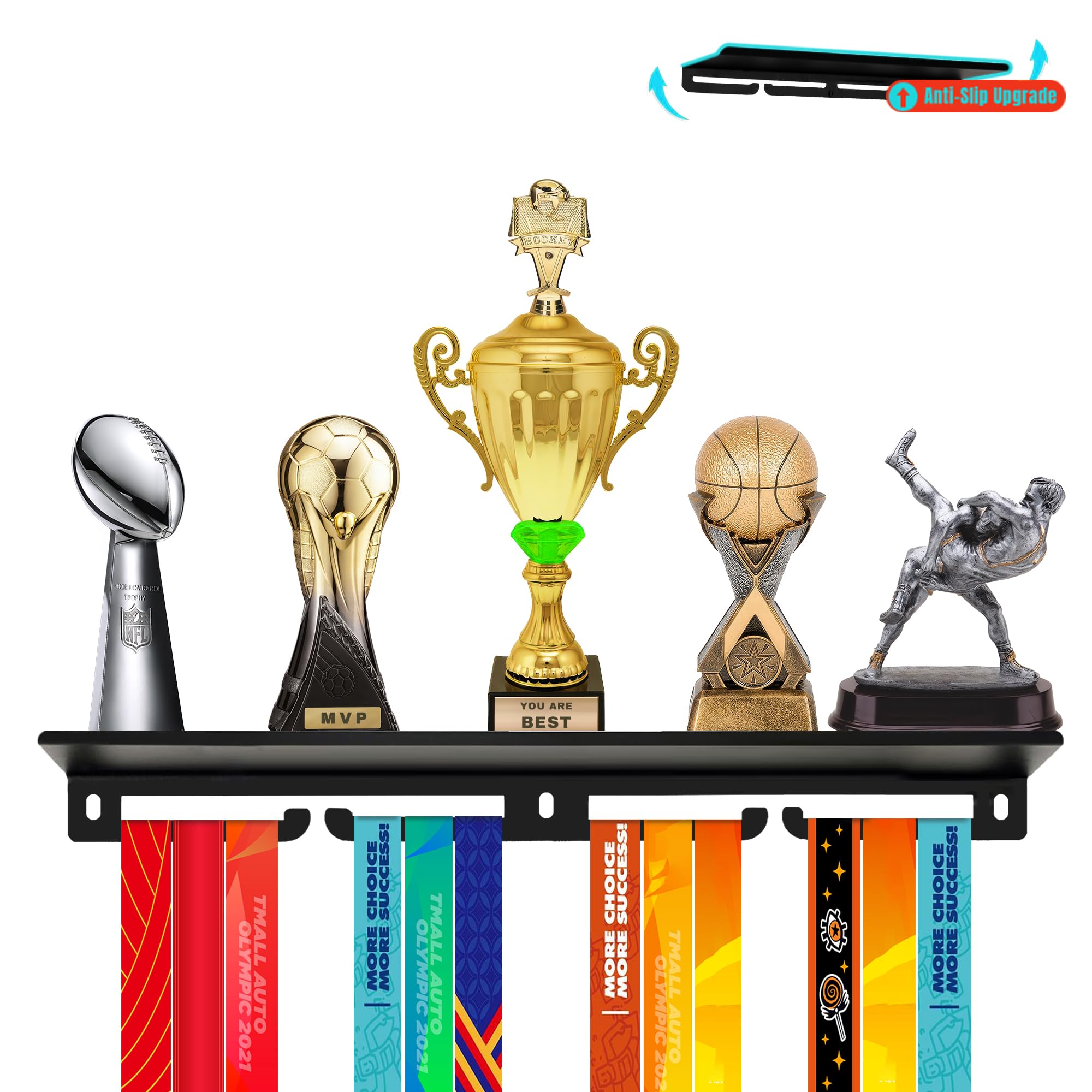 Goutoports Perchero de medallas con estante para trofeos, estante de metal duradero para colgar cintas de premios, con capacidad para hasta 16 medallas, 5 trofeos, fanáticos de los deportes y uso