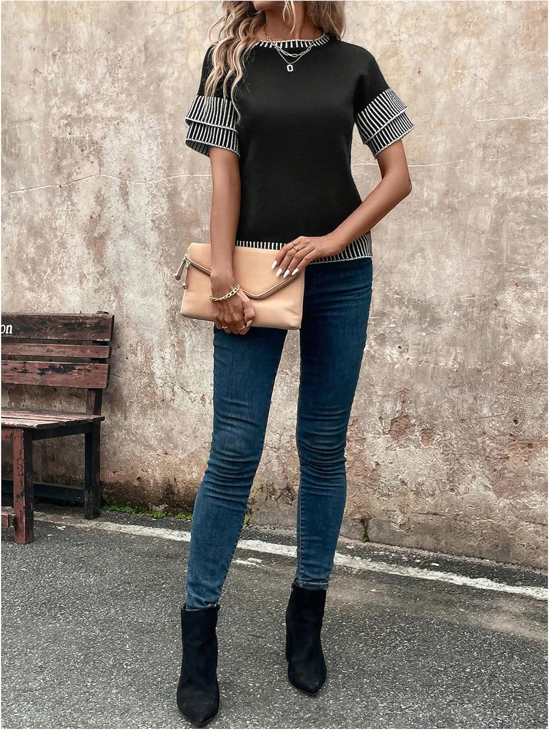 Milumia Women's Ruffle Short Sleeve Crew Neck Knit Top Striped Trim Sweater Black Large - Image 4