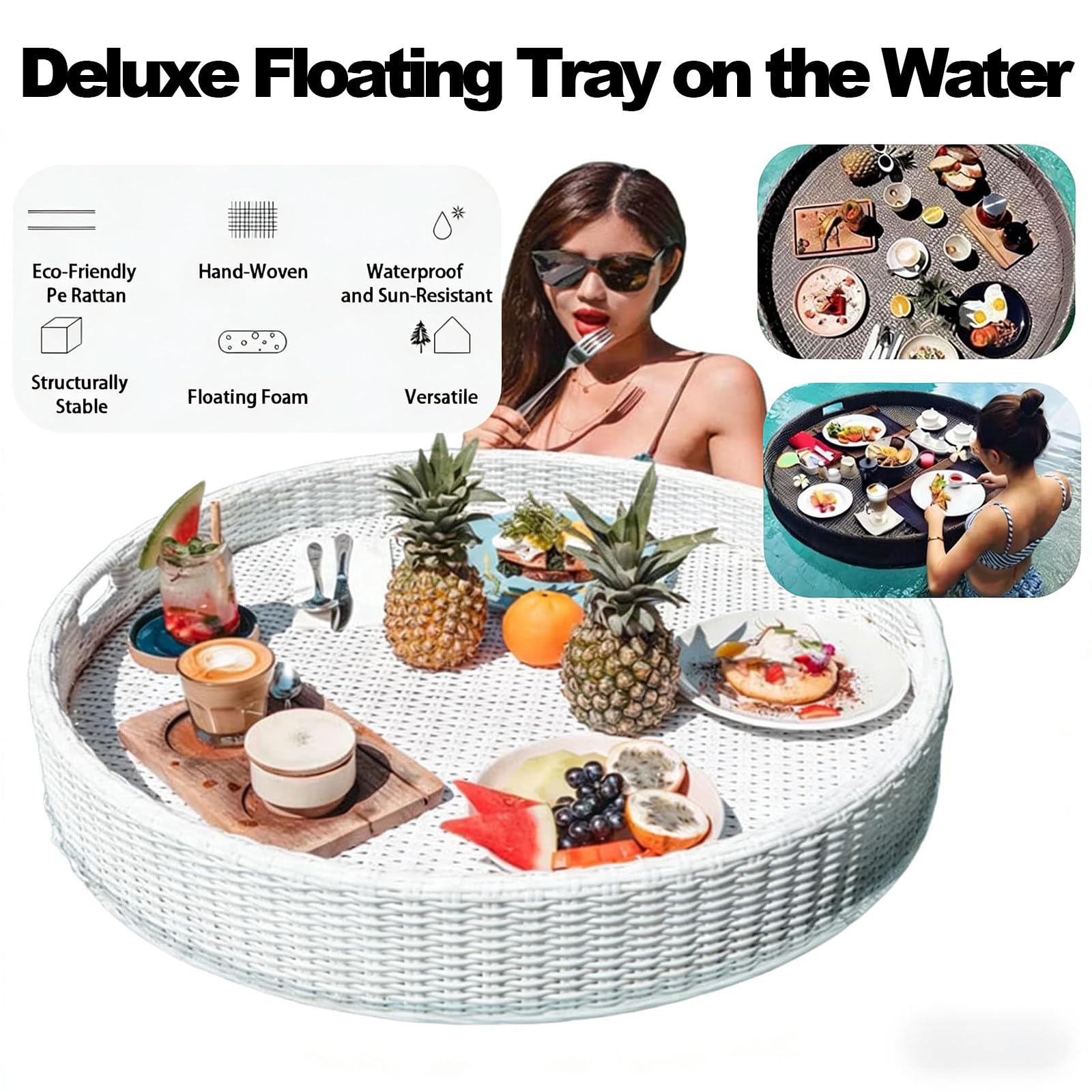 Schwimmendes Buffet Tablett Mit Griffen,Rundes Rattan Design,Stabil Und Wasserdicht,Serviert Speisen Und Getränke,Ideal Für Pool,Whirlpool,See Und Gartenparty White-80 * 80 * 20cm