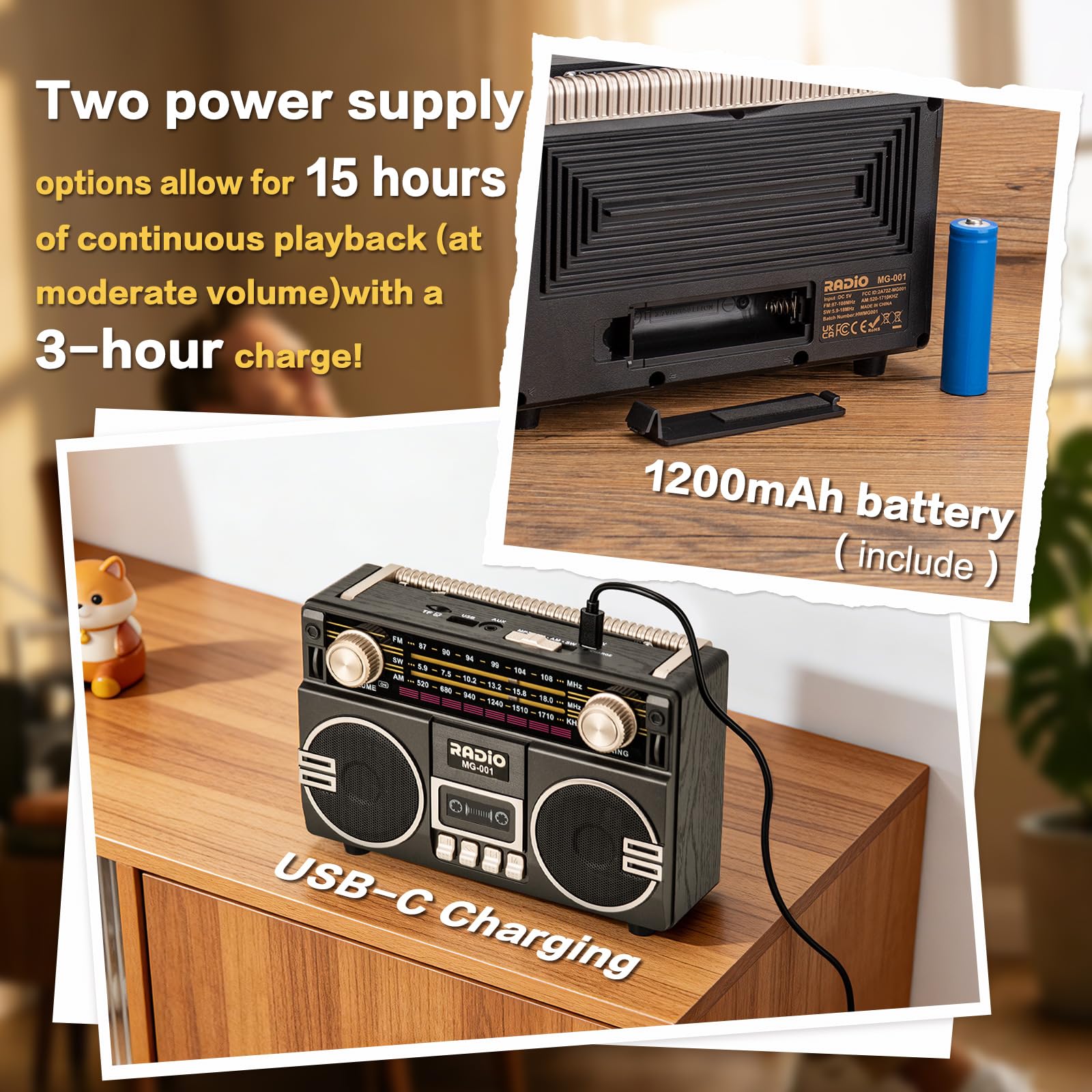 Tendak Radio Rétro AM/FM/SW, radio nostalgique avec batterie de 1200 mAh, radio de voyage avec Bluetooth 6.0, radio de cuisine compatible avec fonction USB/TF/AUX, grand haut-parleur de 5 W