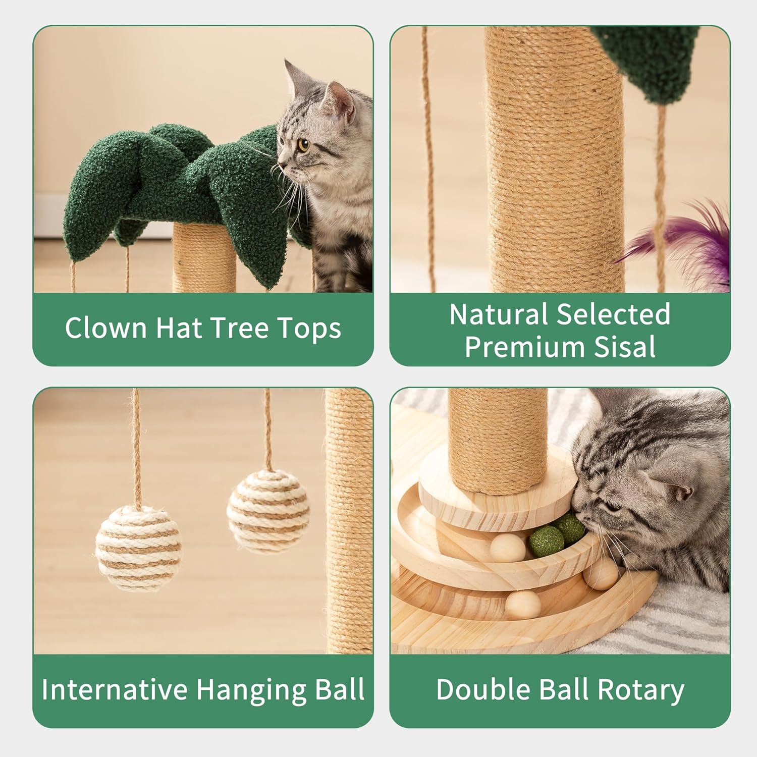 review Large Cat Scratching Post - Sturdy Indoor Cute Kitty Scratcher Sisal Fun Scratching Posts with Hanging Ball Cat Tree for Cats, Green