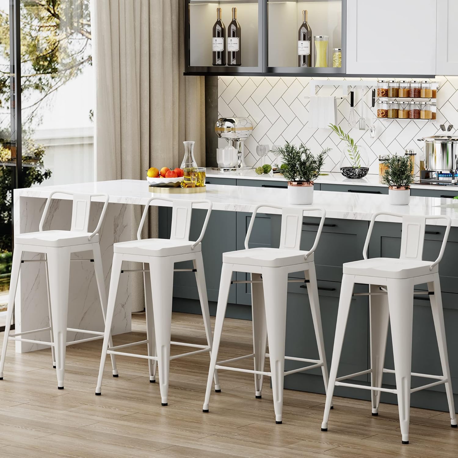 Aklaus Metal Bar Stools Set of 4 Barstools Counter Height Bar Stools with Back Industrial Bar Stool Indoor Counter Stool Kitchen Island Stools Modern Bar Chair 24inch White Cream