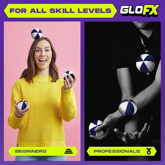GloFX Juggling Balls [Pack of 3] for Beginners to Advanced Jugglers - No Bounce Design - Durable Weighted Juggle Ball Kit - 2 Layer Construction - Soft and Easy Juggling Kit - White & Blue