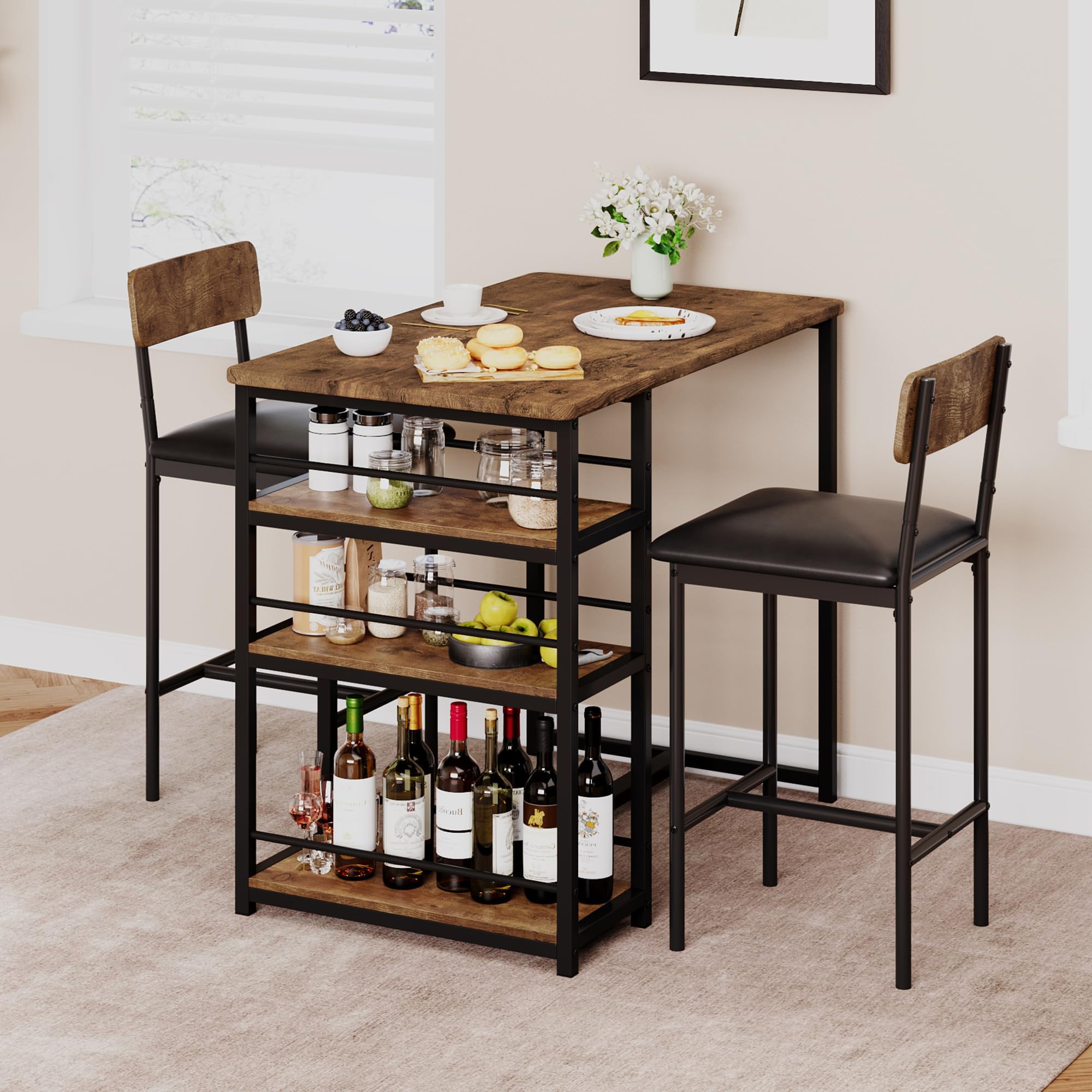 Bartisch Set 3-Teilig, Bistrotisch Set mit Metallgestell, 2 Personen BartischSet mit 2 Gepolsterten Stühlen & 3 Ablagen, Esstisch für Wohnzimmer, Esszimmer und Küche - Braun