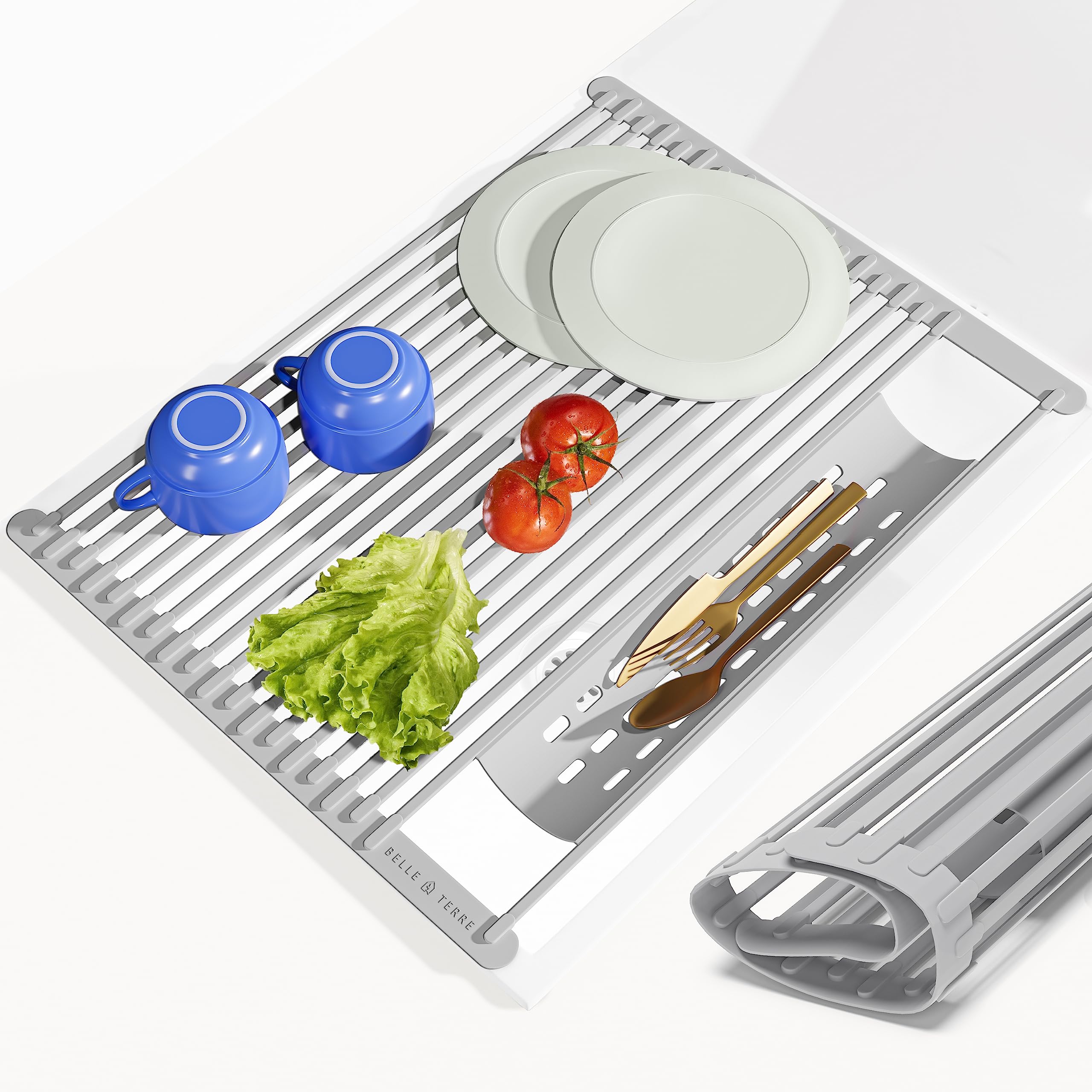Large Dish Drying Rack for Kitchen Sink - Over Sink Dish Drying Rack to Dry Dishes & Drain Items - Modern & Stylish Dish Rack Set with Extra Side Tray - Space-Saving Roll-Up Counter Drainboard - Grey