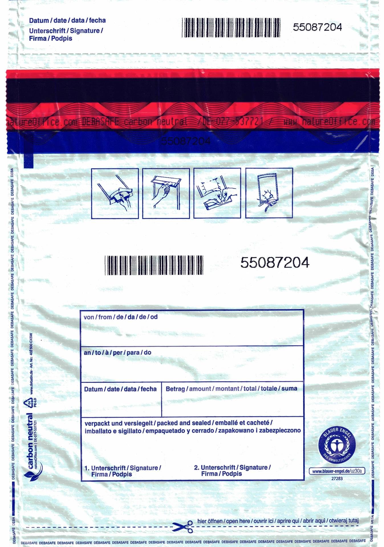 500x Sicherheitstaschen DEBASAFE 195 x 265 + 30 mm (Bon) DEBATAPE high plus - Blickdicht - Recyclingfolie