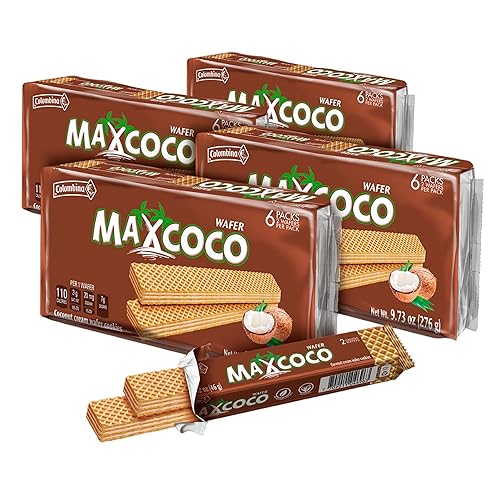 MAXCOCO 6 Galletas Wafer con Crema de Coco 9.74oz. - Paquete de 3 unidades. 6 obleas rellenas con crema de coco de 1.04oz. - Paquete de 3 unidades.