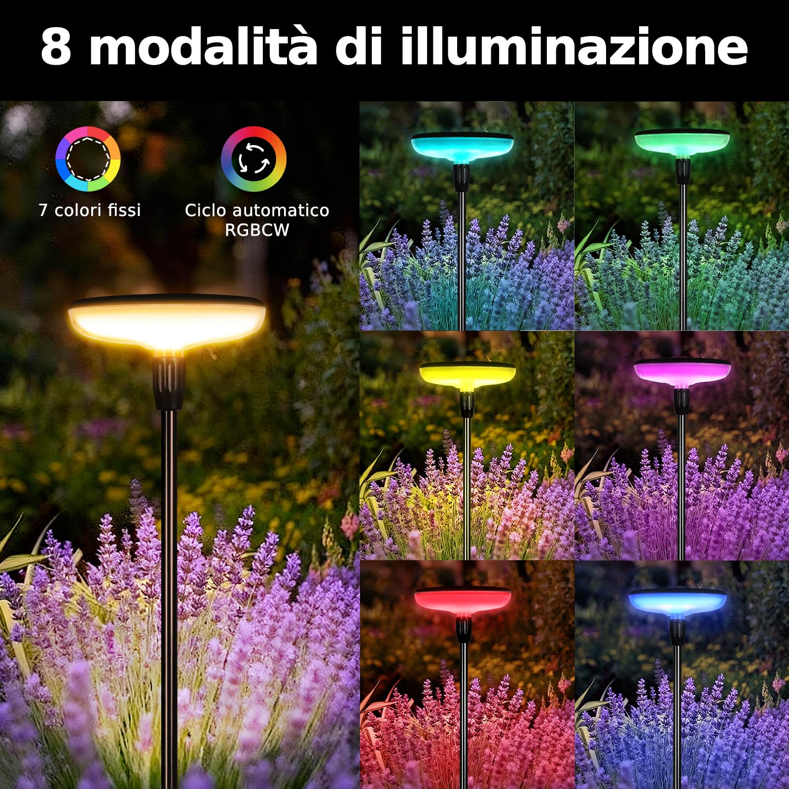 Luci Solari da Giardino Set 4 Pezzi, Lampade Solari da Esterno con Bianco Caldo e RGB, 1000mAh, 21 LEDs 55 lumen, Altezza Regolabile 77 cm, Impermeabile IP65 per Esterno Festa Terra Prato