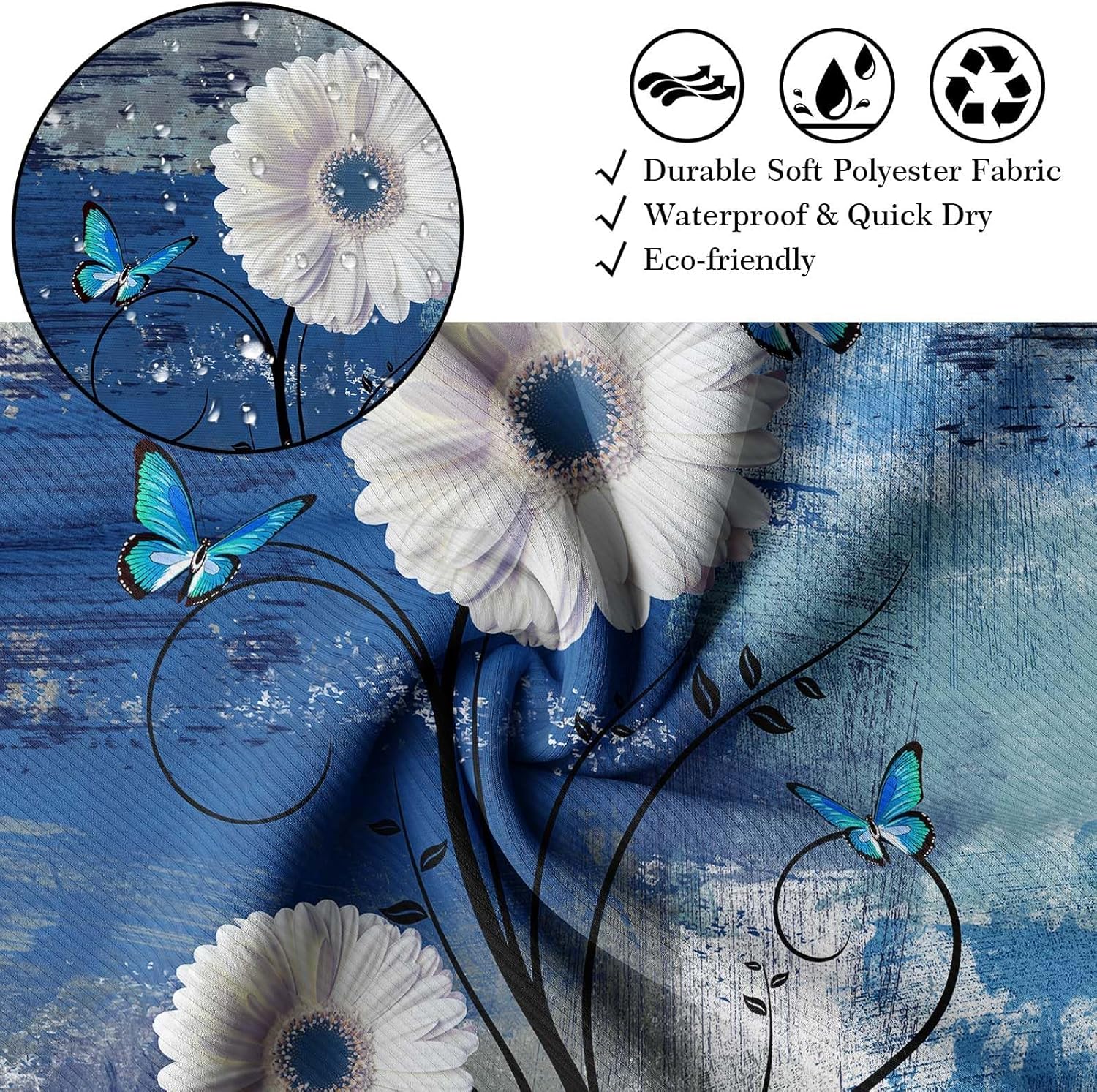 Blue and White Daisy Floral Shower Curtain Rustic Farmhouse Flower Butterfly Shower Curtains for Bathroom Decor, Waterproof Cloth Fabric with Hooks 60 X 72 Inch