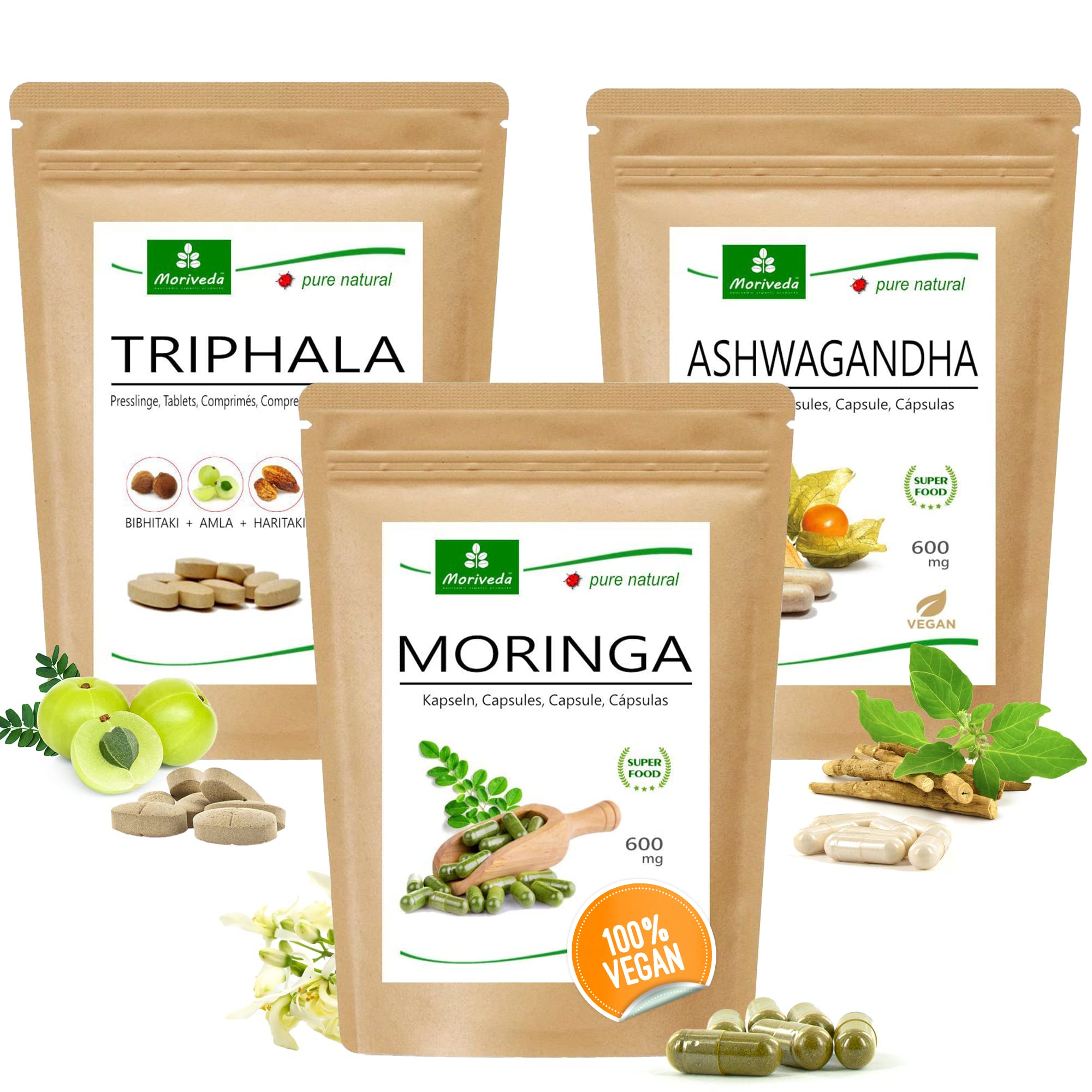 MoriVeda® Wohlbefinden Produktpaket | Triphala Tabletten, Moringa Kapseln, Ashwagandha Kapseln | Vitamine, Mineralien, Antioxidantien, Withanolide, sekundäre Pflanzenstoffe | Vegan
