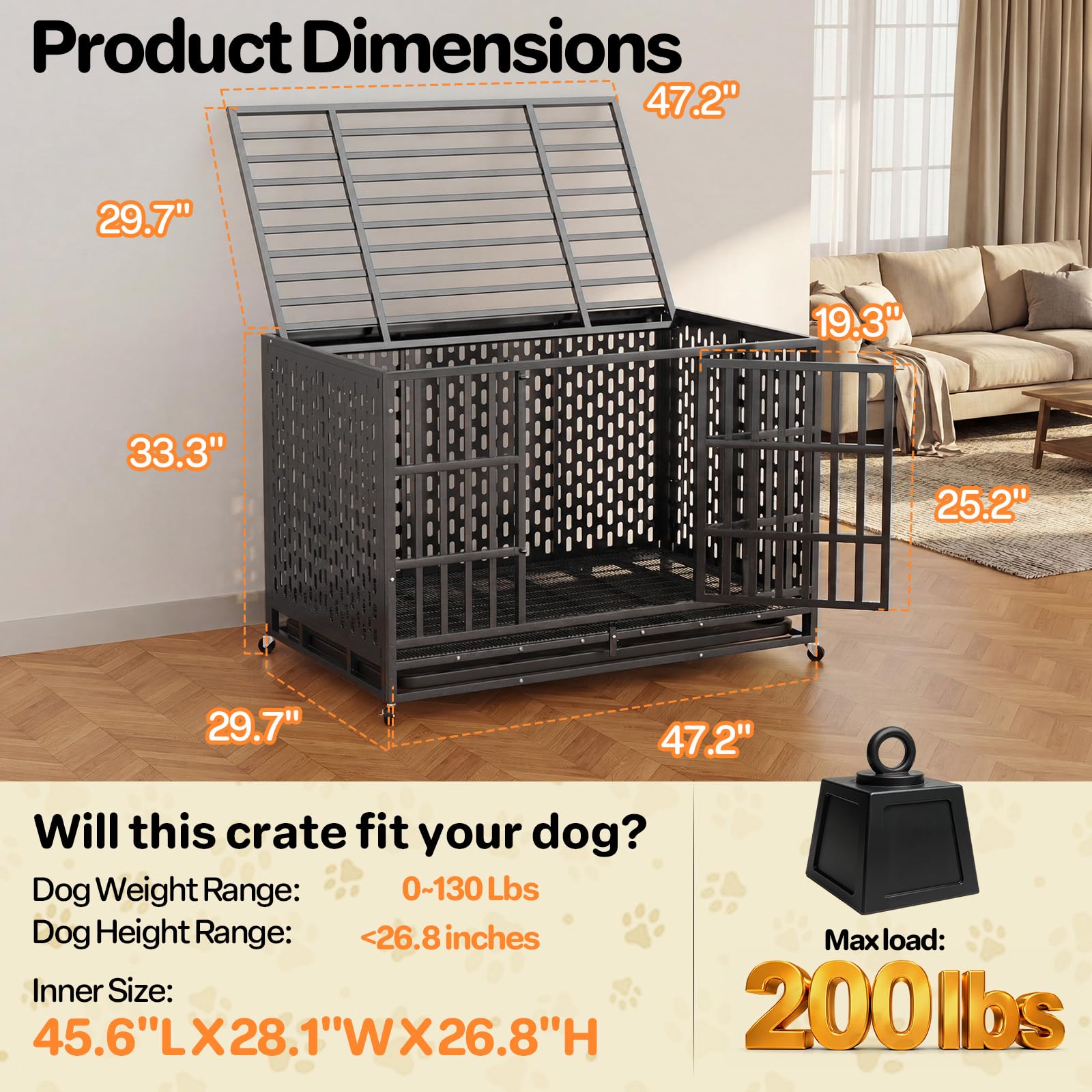 HIWOKK 48 Inch Heavy Duty Indestructible Dog Crate Steel Escape Proof, Indoor Double Door High Anxiety Cage, Kennel with Wheels, Removable Tray, Extra Large XL XXL - image 2