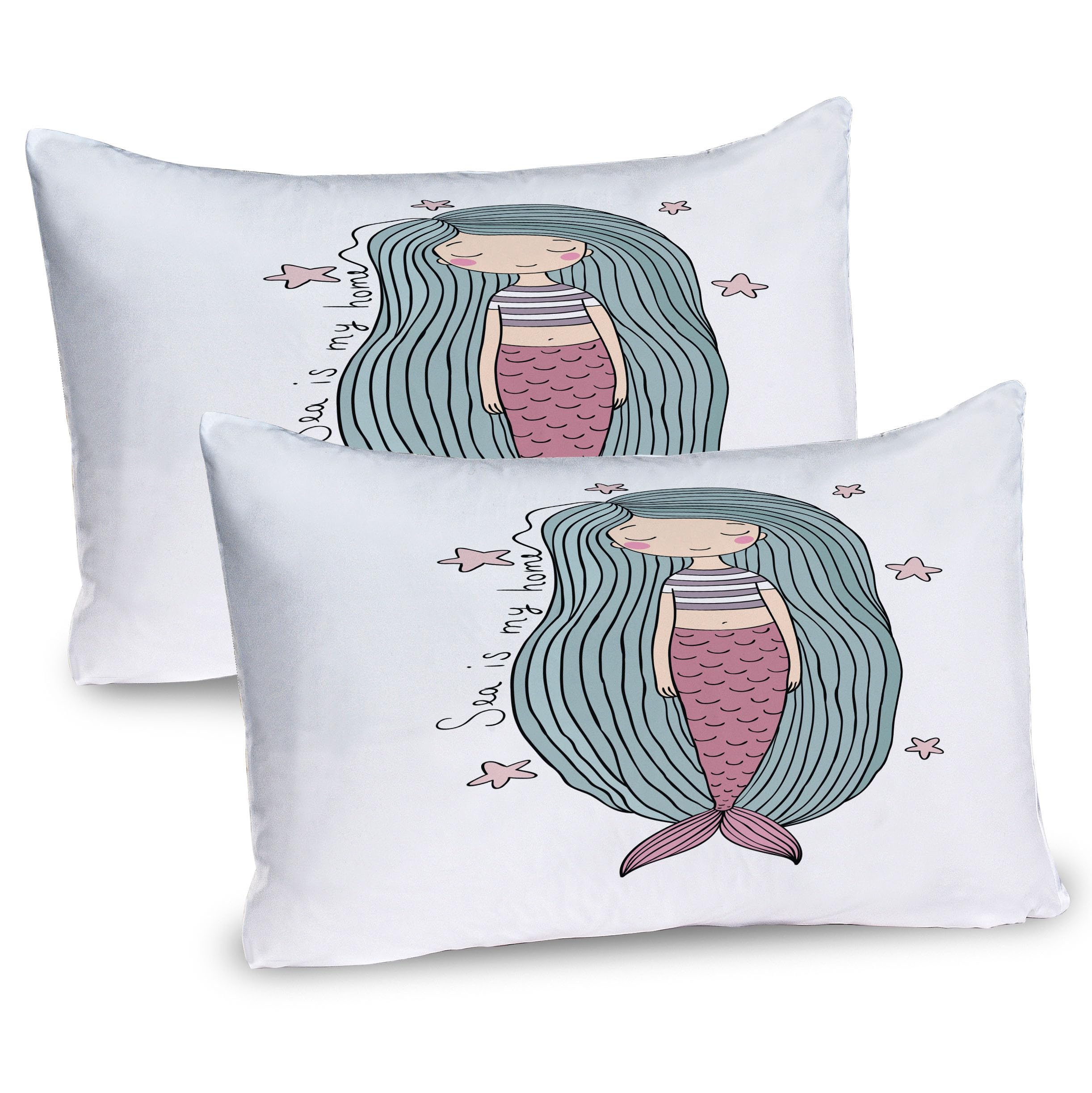 Ambesonne Mermaid Pillow Sham Set of 2, Sea is My Home Words Written in Strand of Hair Girl Sleeping with Stars, Quality Microfiber Bedding Item for All Seasons, 26