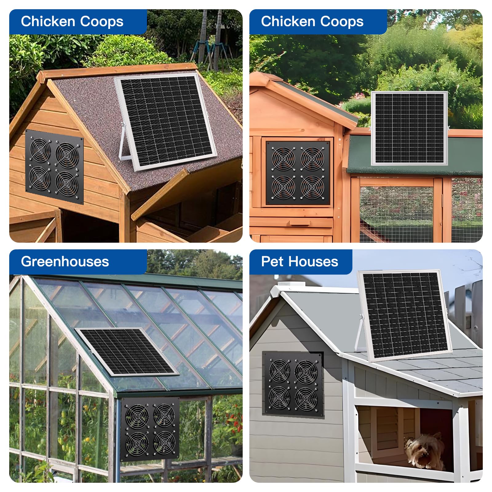 Solar Ventilator, 15W Solarpanel, mit vier IP67 Wasserdichten Ventilatoren, geeignet für kleine Hühnerhütten, Gewächshäuser, Schuppen, Haustierhäuser, Lufteingang oder Abgasse