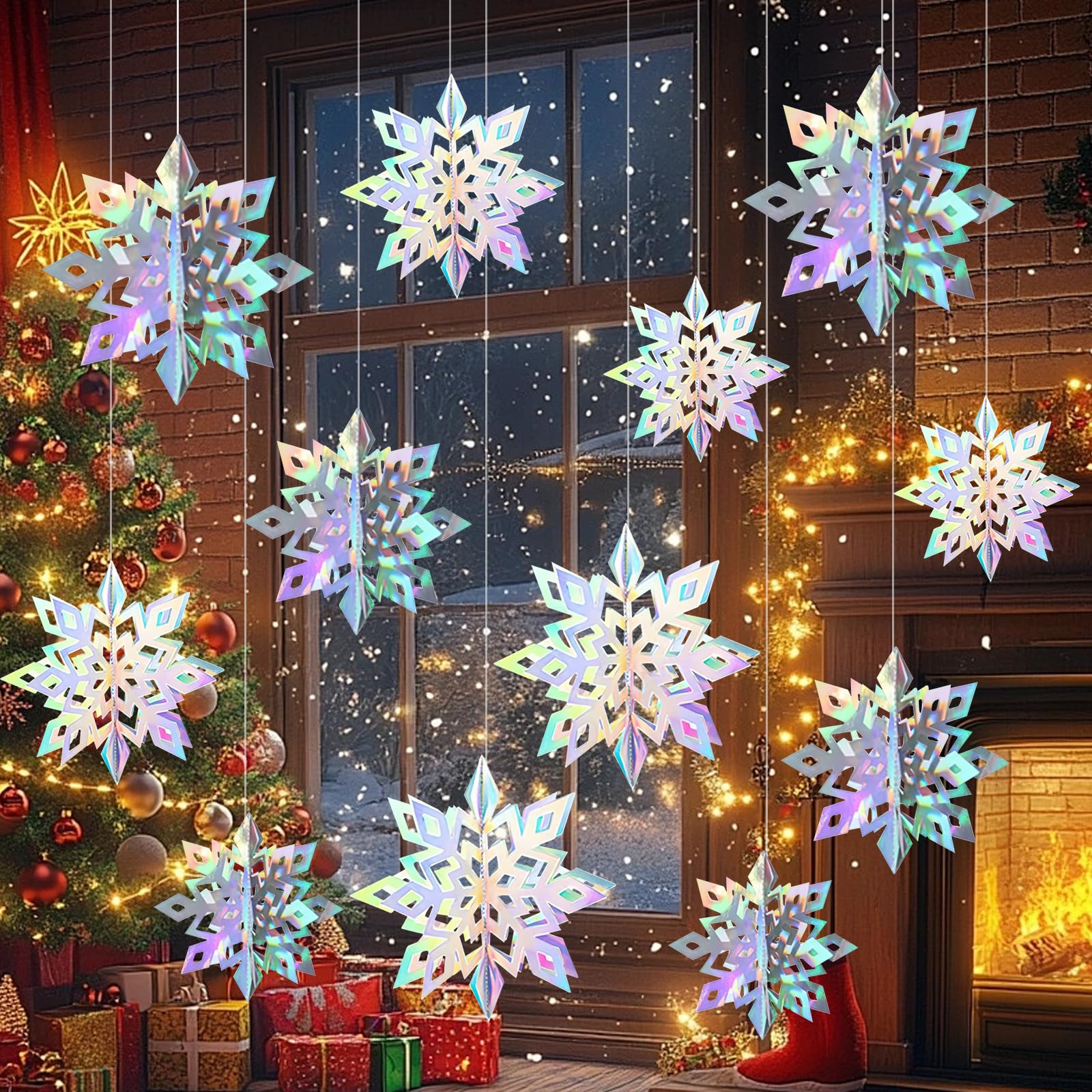12Pcs Hanging Snowflake Decorations, Christmas Snowflake Hanging Swirls Decoration, 3D Snowflakes Ceiling Swirls Hangings Ornaments, Christmas Ceiling Decor, for Xmas New Year Party (Laser Silver)