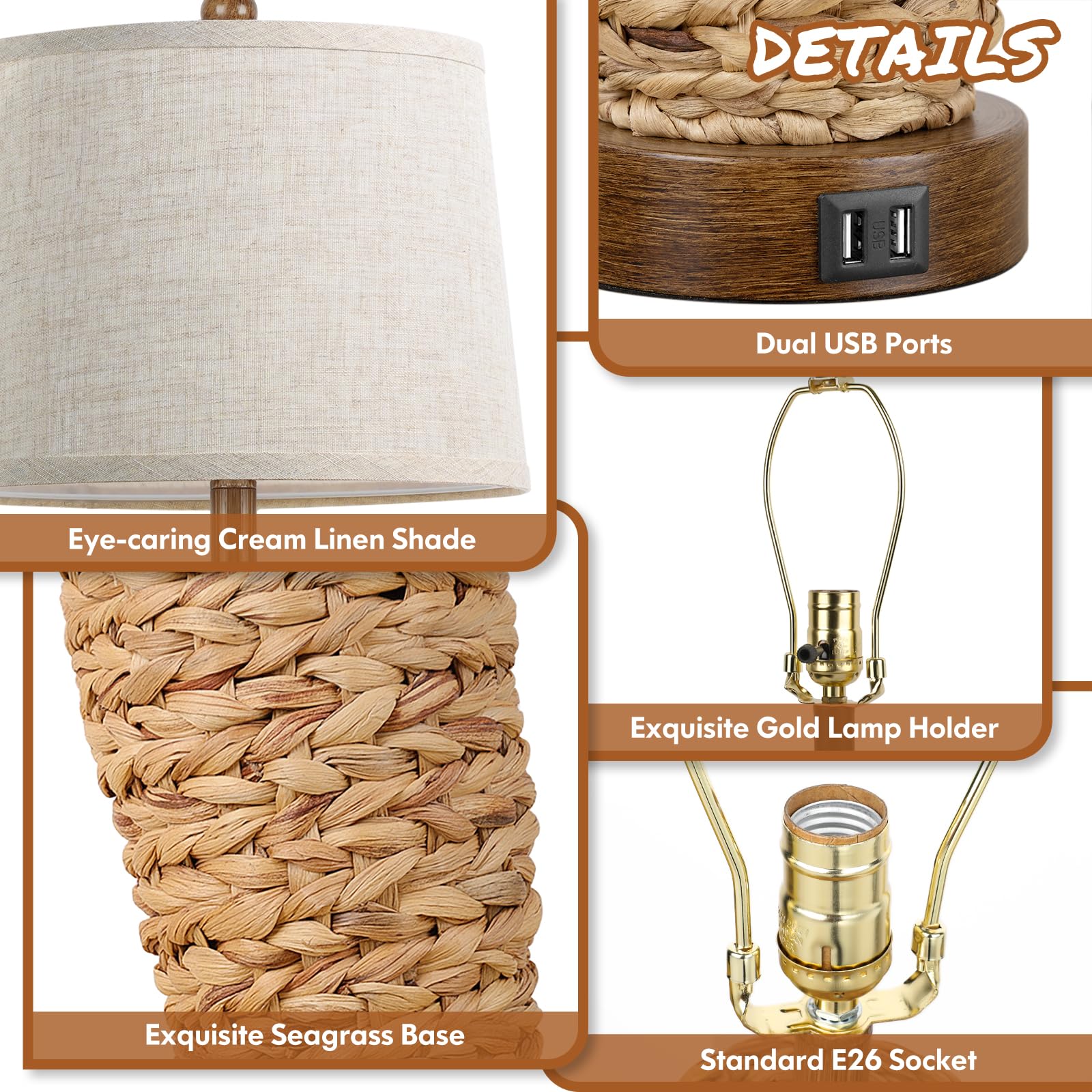 Lot de 2 lampes de table en rotin de 68,6 cm de haut, lampes de table de style bohème avec 2 ports de charge USB, lampes de chevet rustiques en jonc de mer tissé pour salon, chambre à coucher, table