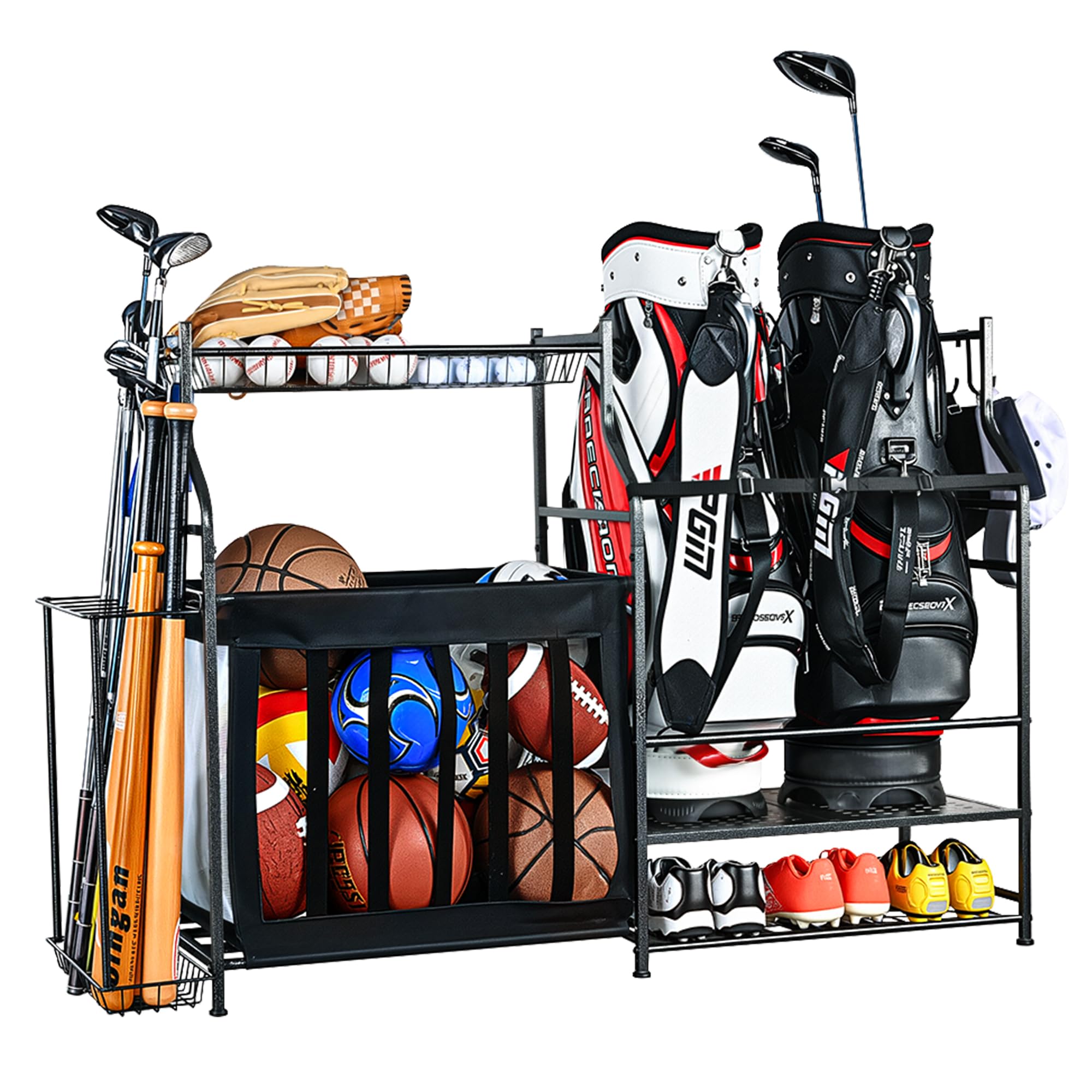PLKOW Sports Equipment Organizer Rack, Garage Ball Rack, 2 Golf Bag Storage and Sports Gear Organizer for Garage