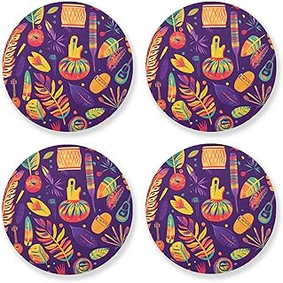 Qilmy 4 Pack Colorful Brazilian Carnival Round Cork Bottom Coasters for Drinks, Heat-Resistant Absorbent Cup Pads for Kitchen, Home, Bar, and Office