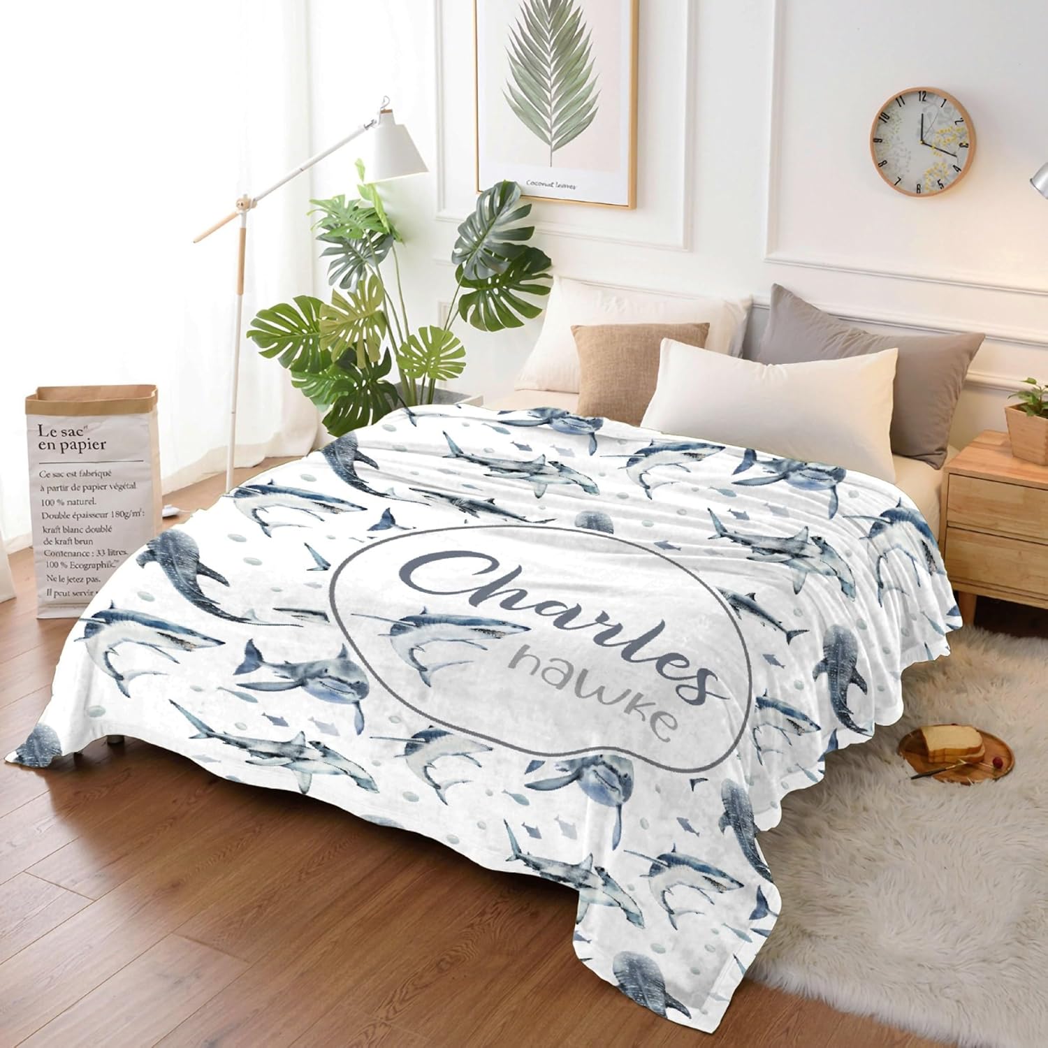 Personalized Sharks Blanket Gift for Boy Girl, Custom Sharks Plush Blanket Decor Soft Flannel Fleece Lightweight Throw Blanket Quilt for Couch Sofa 50x40In for Child/Kids