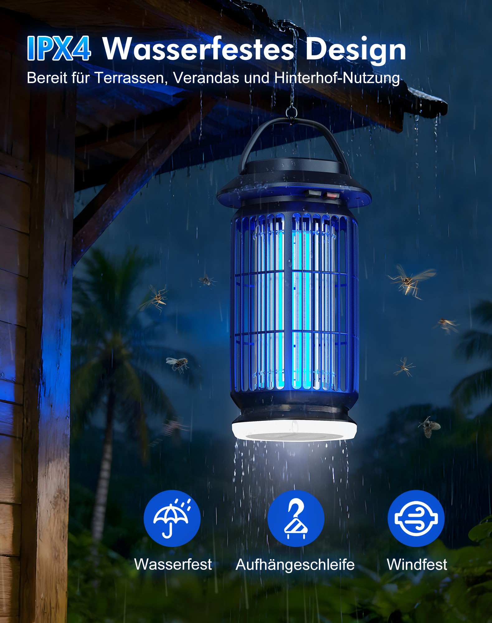 Insektenvernichter Elektrisch mit LED Licht, 4000V Mückenlampe Innen & Außen, 365nm UV Mückenfalle, IPX4 Wasserdicht, 100㎡ Abdeckung Fliegenfalle Lampe für Schlafzimmer, Balkon & Camping