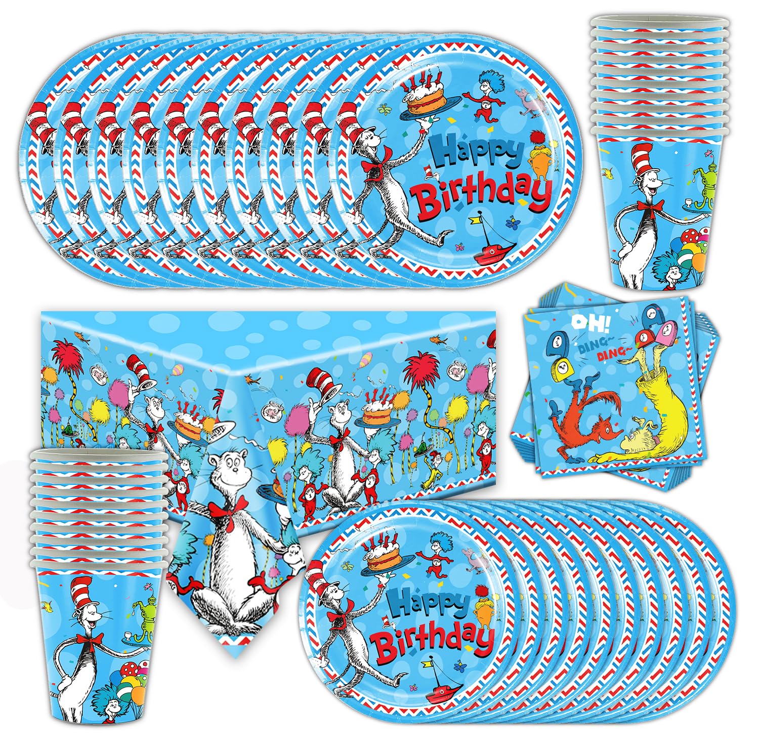 Shamoparty Cartoons and Comics Party Tableware Set, Birthday Party Decoration, Dr.Seuss Party Tableware, Plate, Cup, Tablecloth, Napkin, Children's Party, Suitable for 20 People