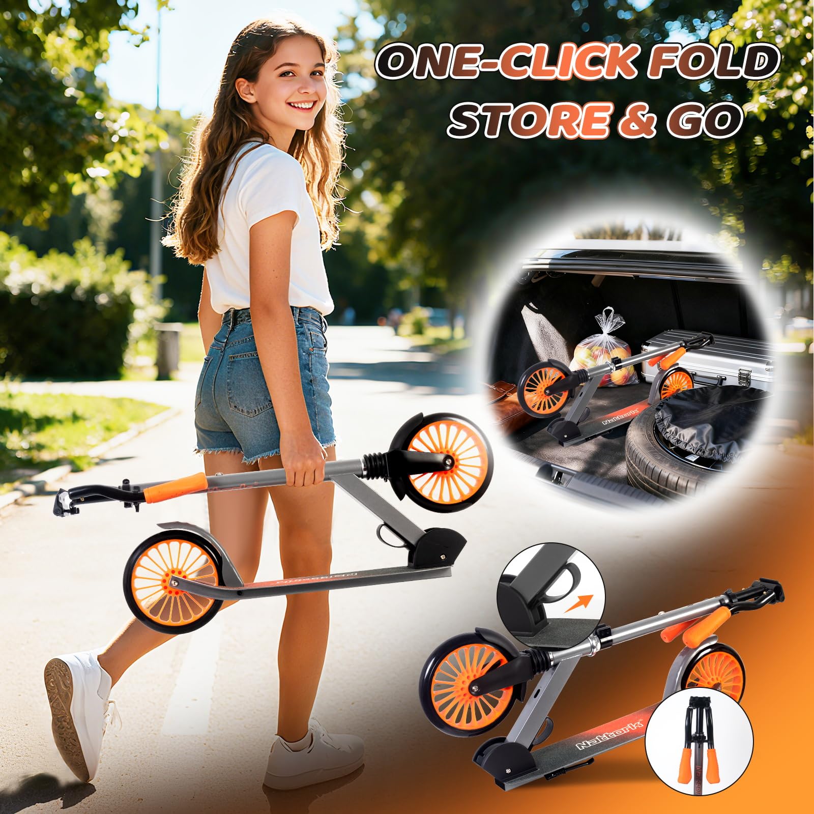 Nattork Kick Scooter - Patinete Infantil de hasta 100 kg, para Adolescentes y Adultos, Patinete Urbano con Altura Ajustable y Plegable, Ruedas Grandes de 200 mm