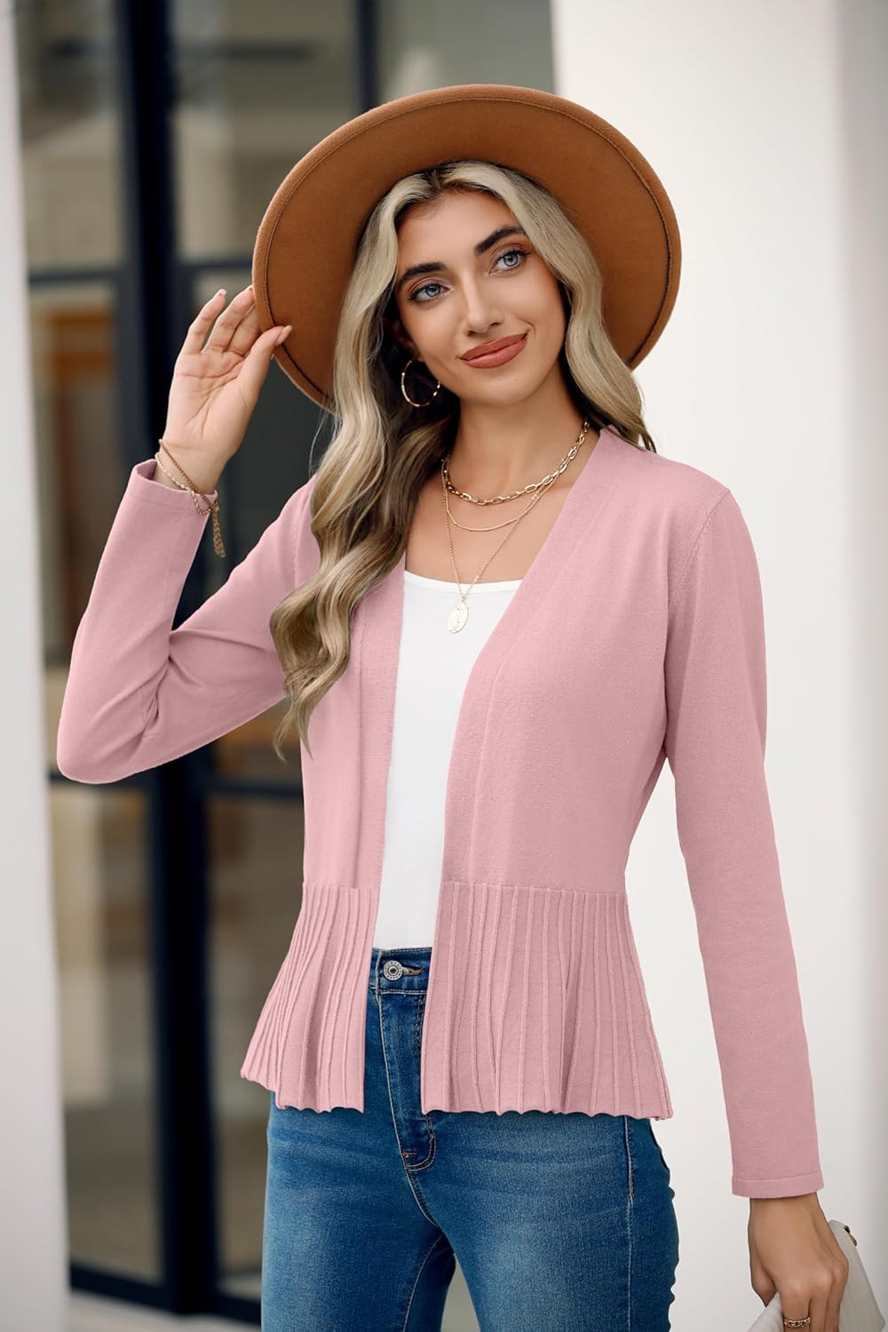 Bettysays Women's Casual Open Front Lightweight Cropped Cardigans Long Sleeve Sweater Soft Draped Peplum Knit Outwear - Image 5