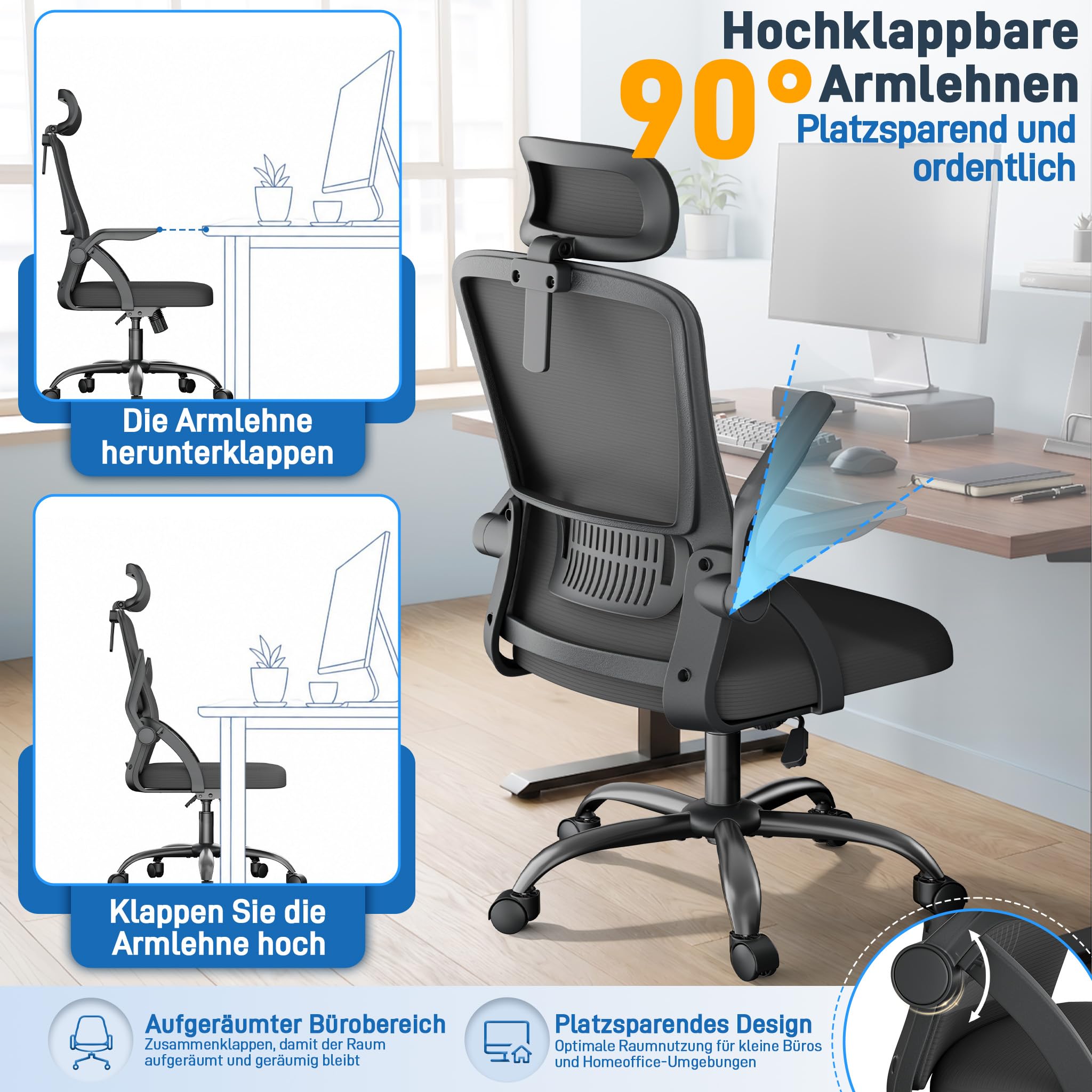 XMTECH Bürostuhl Mesh-Netzrücken klappbare Armlehnen 120kg Homeoffice | Atmungsaktives Mesh, 8 cm Polster, Sitzhöhe 43–51 cm, 105° Wippfunktion, ideal als Schreibtischstuhl, Drehstuhl, Schwarz