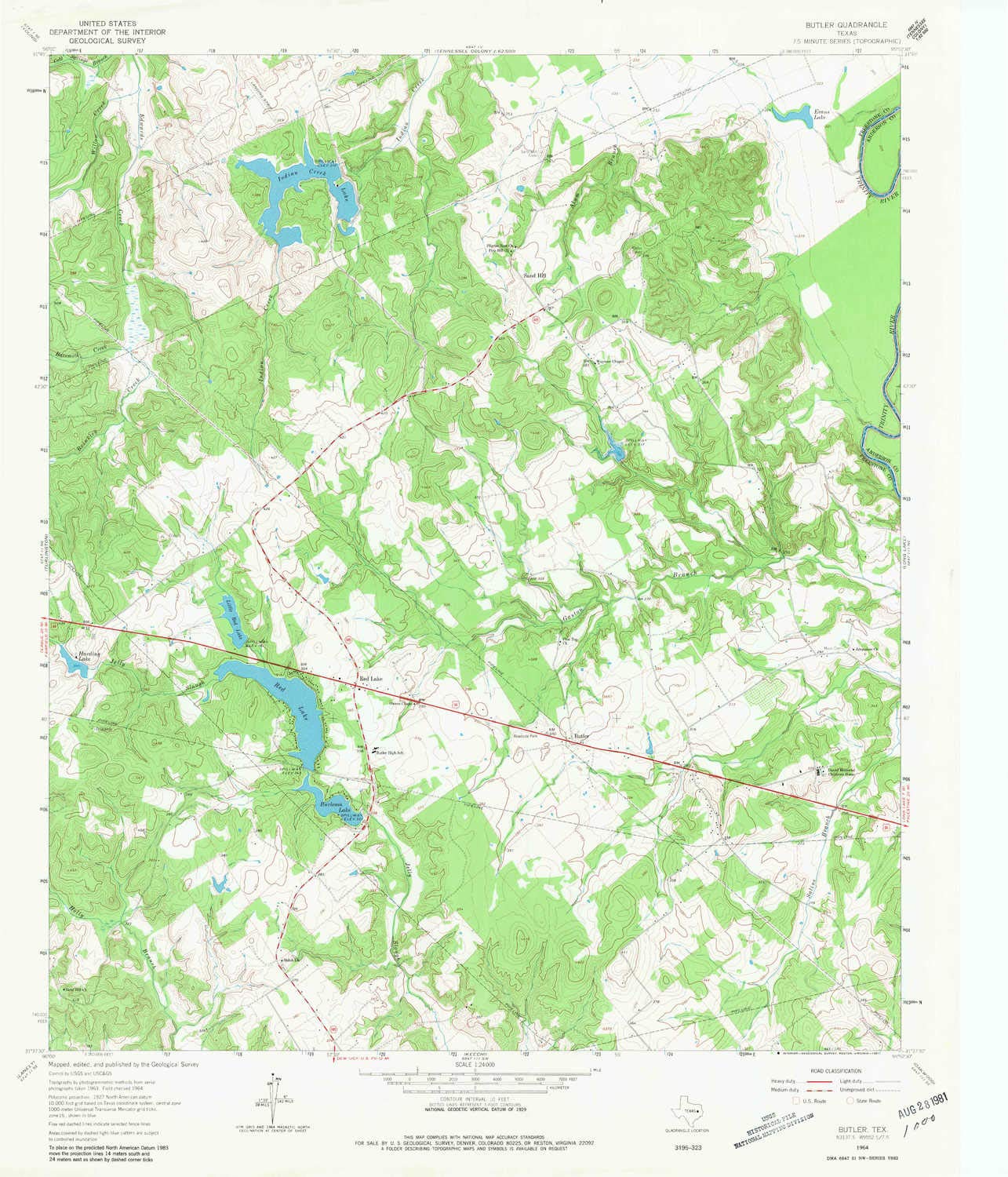YellowMaps Butler TX topo map, 1:24000 Scale, 7.5 X 7.5 Minute, Historical, 1964, Updated 1981, 26.9 x 23 in - Polypropylene
