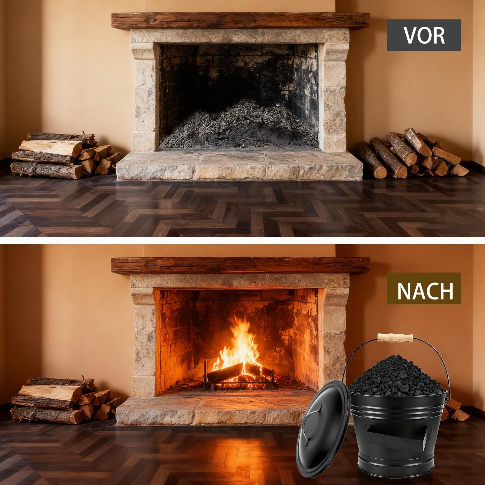 Cubo Tapa, 6L Cubo Cenizas con Tapa, Accesorio Chimenea con Pala, Escoba, Cubo de Cenizas de Metal para chimeneas, Estufas de leña, Carbón y Ceniza