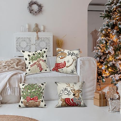 Miniatura 3 de Juego de 4 fundas de almohada decorativas para decoración de Navidad, decoración del hogar para sofá (árbol de Navidad, muñeco de nieve, guantes de