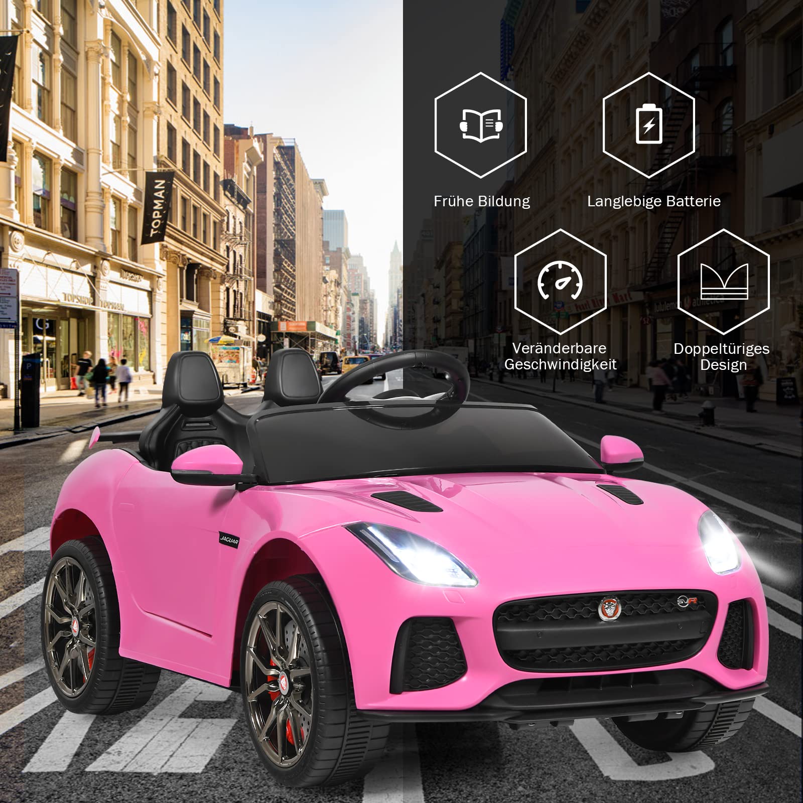COSTWAY Jaguar Elektro Kinderauto mit Geschichten & Musik & Hupe & Scheinwerfer, 12V Kinderfahrzeug mit 2,4G Fernbedienung, Elektroauto 3-5km/h für Kinder ab 3 Jahre (Rosa)