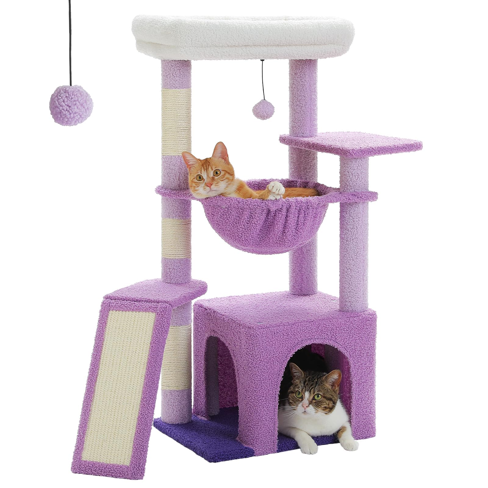 PAWZ Road, Struttura ad albero per gatti, da interni, con spaziosa cuccia, 1 piano in sisal, 3 pali tiragraffi, grande amaca e trespolo, 90 cm, viola
