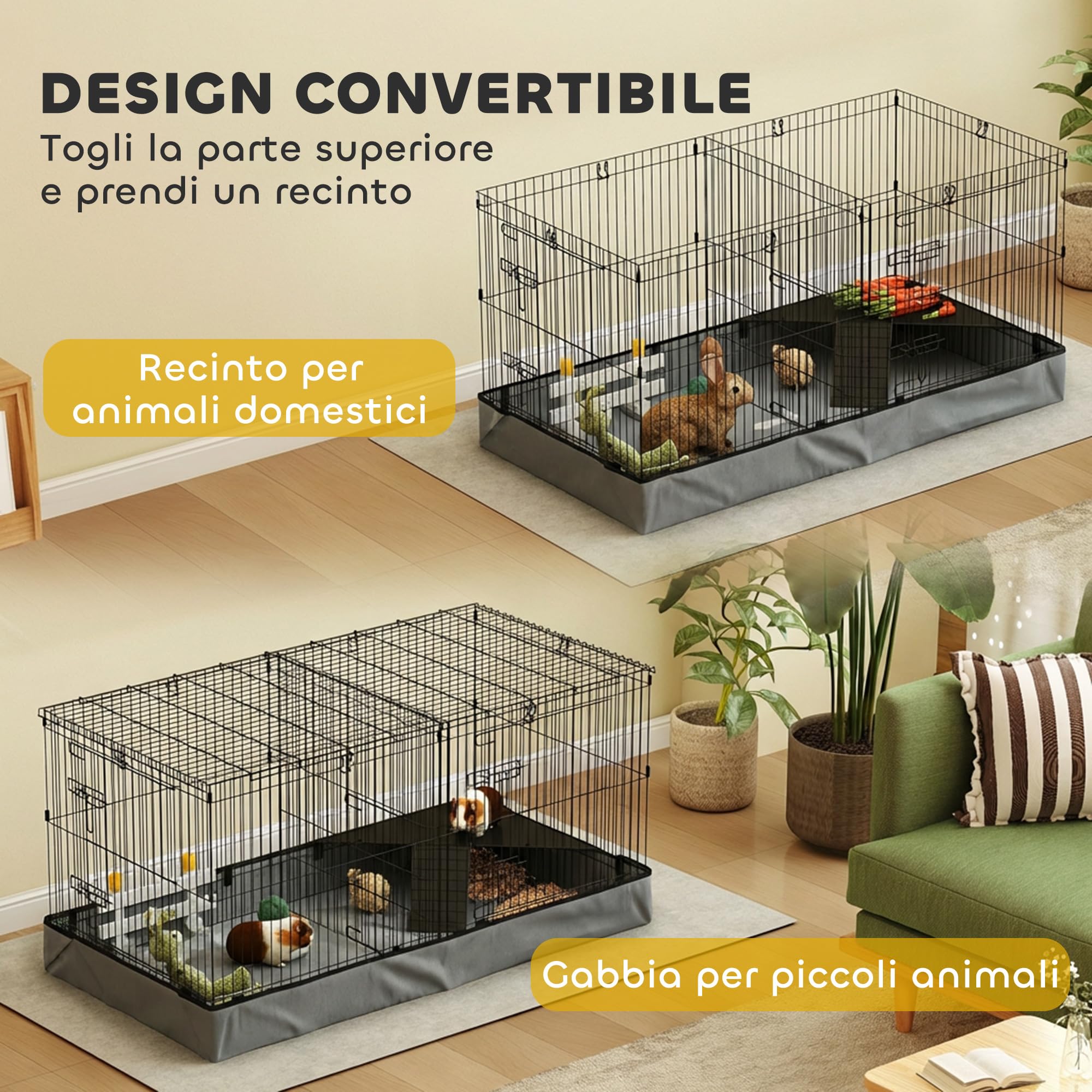 PawHut Gabbia per Animali Piccoli 2 in 1 Recinto Conigli 121x61x61 cm Nero | Porcellini d'India, Coperchio Rimovibile, Fondo Impermeabile, Gabbiette Separate, Porta Centrale, Rampa