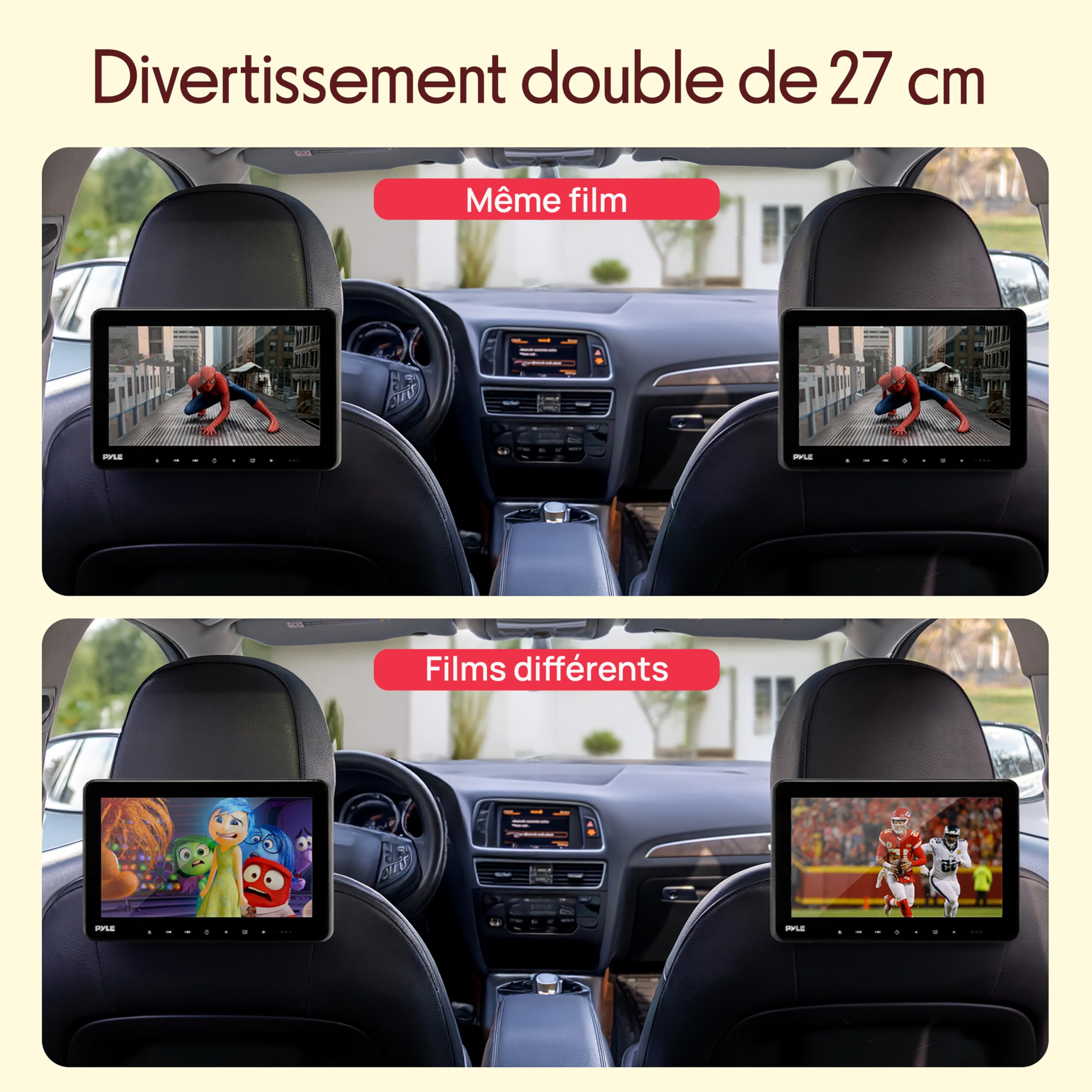 Pyle Lecteur DVD Appuie-Tête Voiture Double Écran 10,5 Pouces – Système Multimédia Auto avec HDMI, Haut-Parleurs Stéréo, Support de Montage et Écran LCD