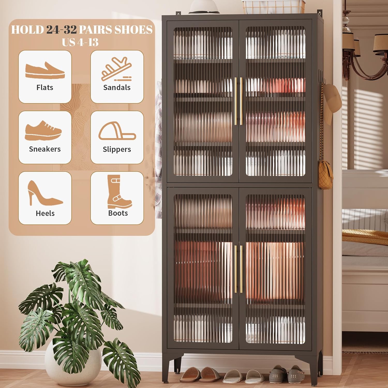 8-Tier Tall Metal Shoe Cabinet with 4 Doors, 65” H x 27.6” W Large Shoe Cabinet with Adjustable Shelves, 24-32 Pairs Shoe Closet Organizer for Entryway Hallway Living Room, Black Style 1