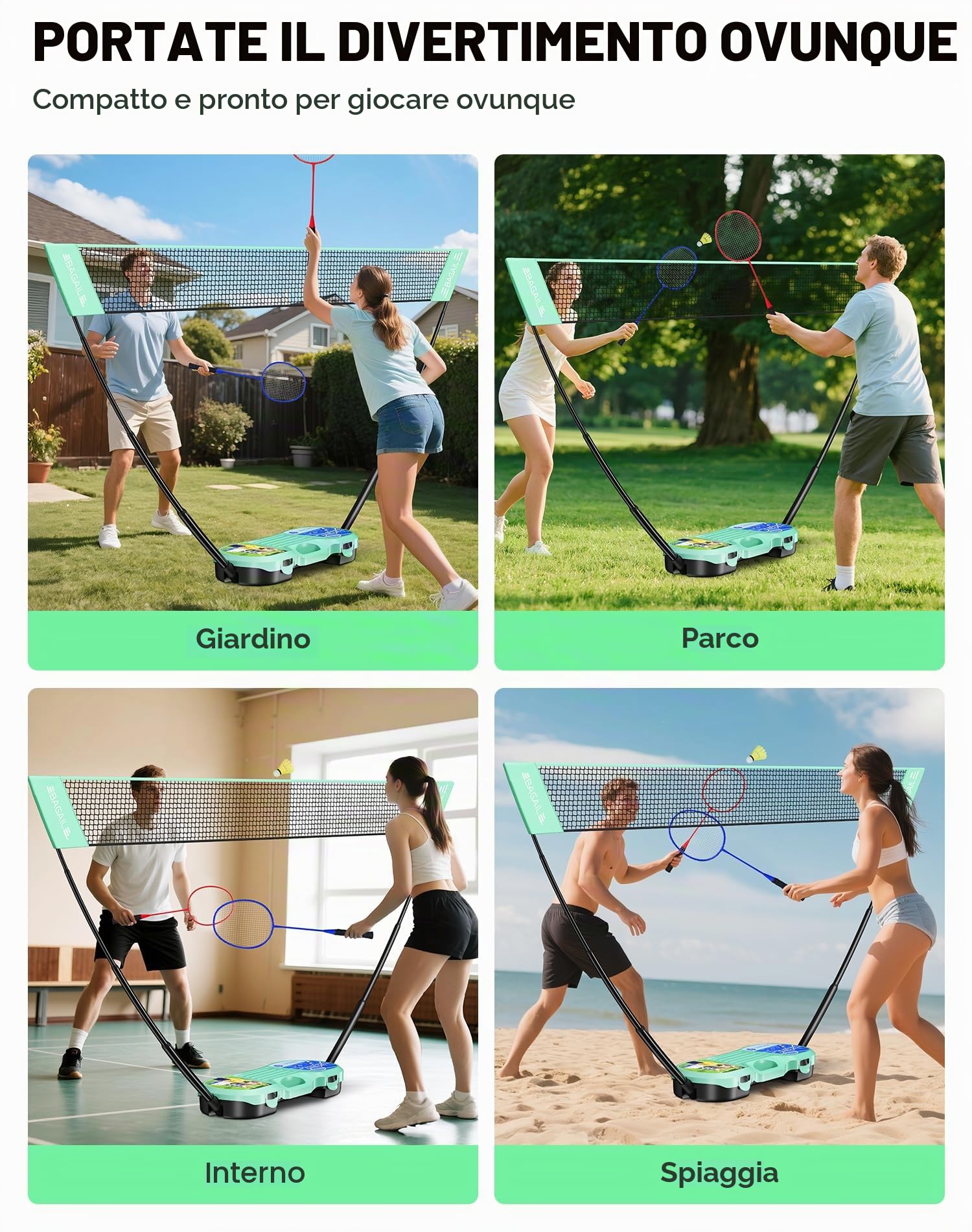 BAGAIL Set da Badminton Portatile - Borsa per riporre l'attrezzatura - Base autonoma - Installazione Rapida - Rete da Badminton con 4 Racchette e 4 volani per Giocare all'Interno e all'Esterno