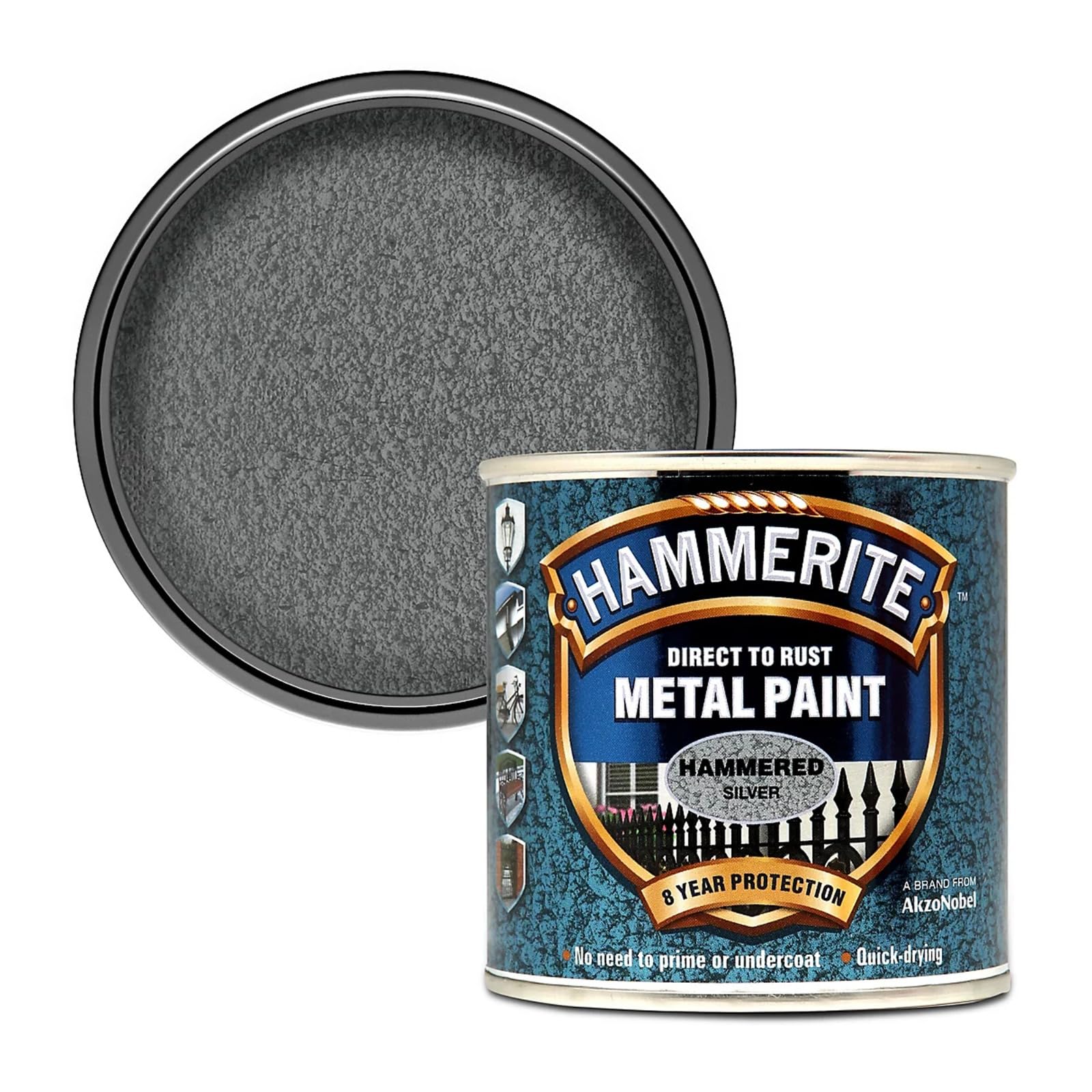 Hammerite Hammered Effect Metal Paint, Multi-Surface Direct to Rust Paint, Interior & Exterior, Quick Dry, Durable Protective Finish for Railings, Doors & Furniture, 250ml (Silver, 1 Set Of Tin)