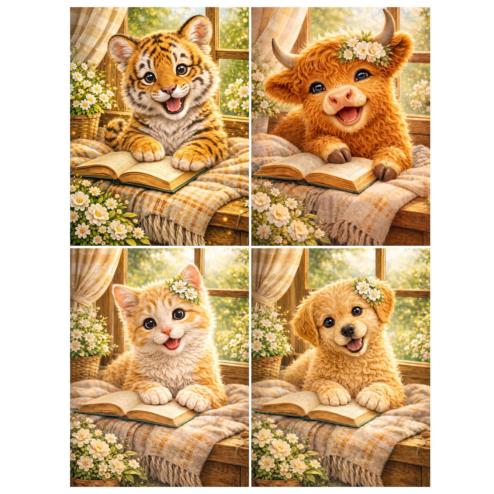 Animal Diamond Painting Kits for Adults 4 Pack, Cute Tiger Highland Cow Cat Dog Diamond Art Kits, DIY Sparkling Diamond Painting Animal Craft for Relaxing Hobby, Home Wall Decor Gifts 12x16 Inch