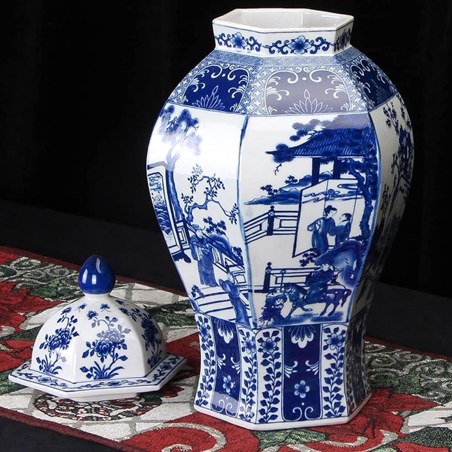 Chinese Decorative Ceramic Ginger Jar with Lid,Traditional Blue and White Porcelain Temple Jar with Lids,Chinese Opera Pattern,Flower Vase for Centerpiece Table Deco image 3
