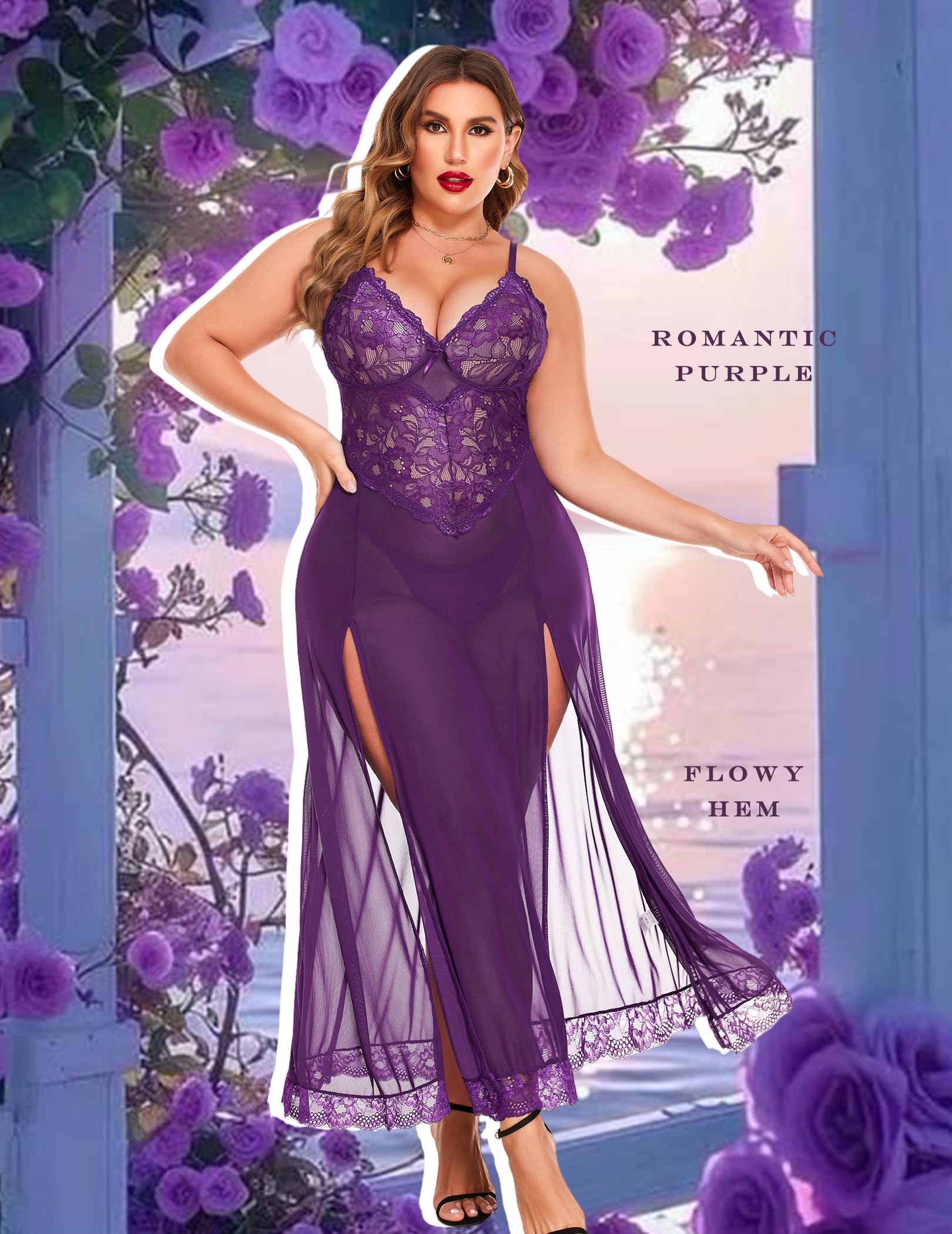 Avidlove Plus Size Lingerie for Women Sexy Lace Babydoll Long Lingerie Dress Side Split Nightgown: Violet XX-Large