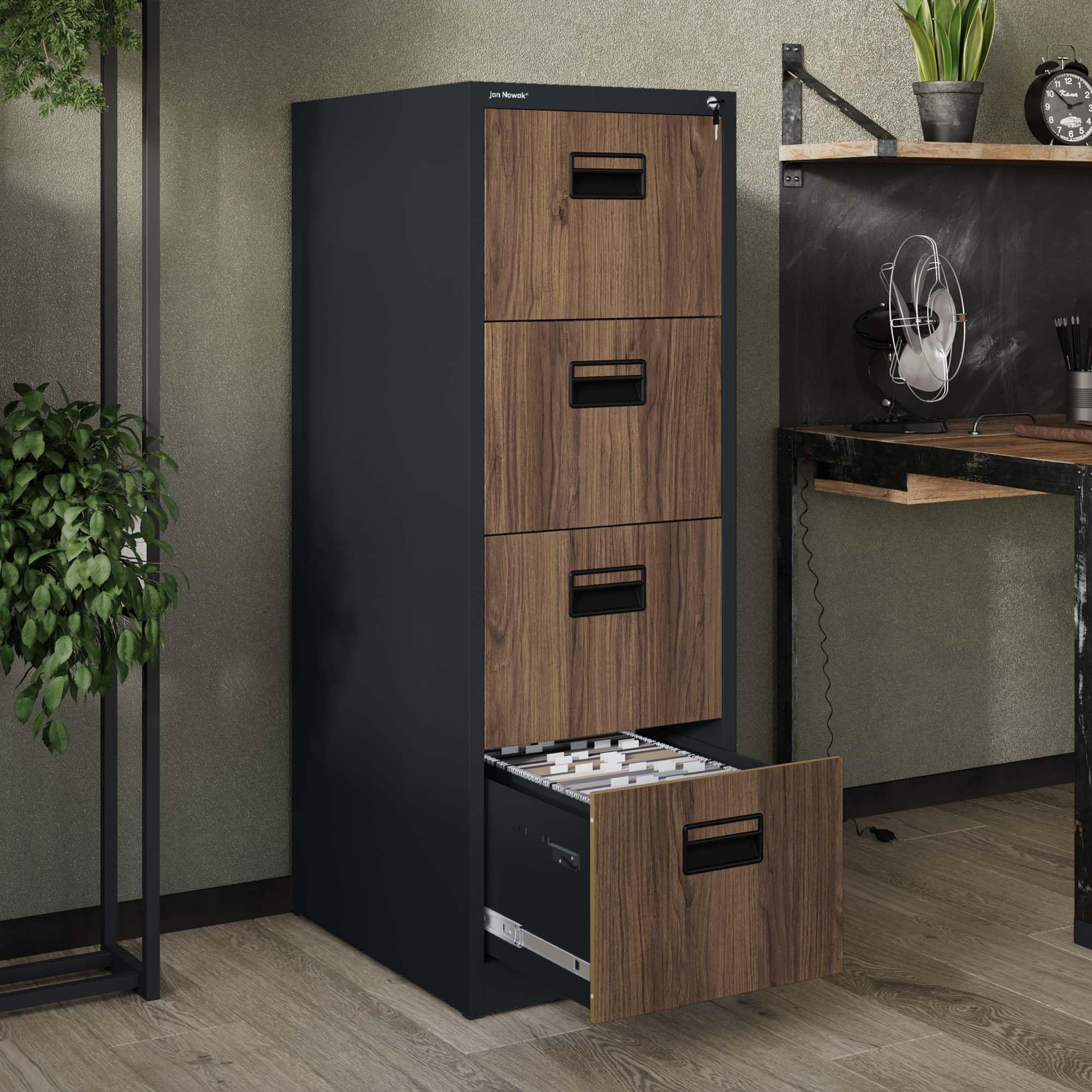 Jan Nowak Hängeregistraturschrank V004A Hängemappenschrank Büroschrank Stahlschrank Aktenschrank mit 4 Schubladen Pulverbeschichtung Stahlblech 132 x 46 x 62 cm (H x B x T) (Anthrazit/Holzoptik)