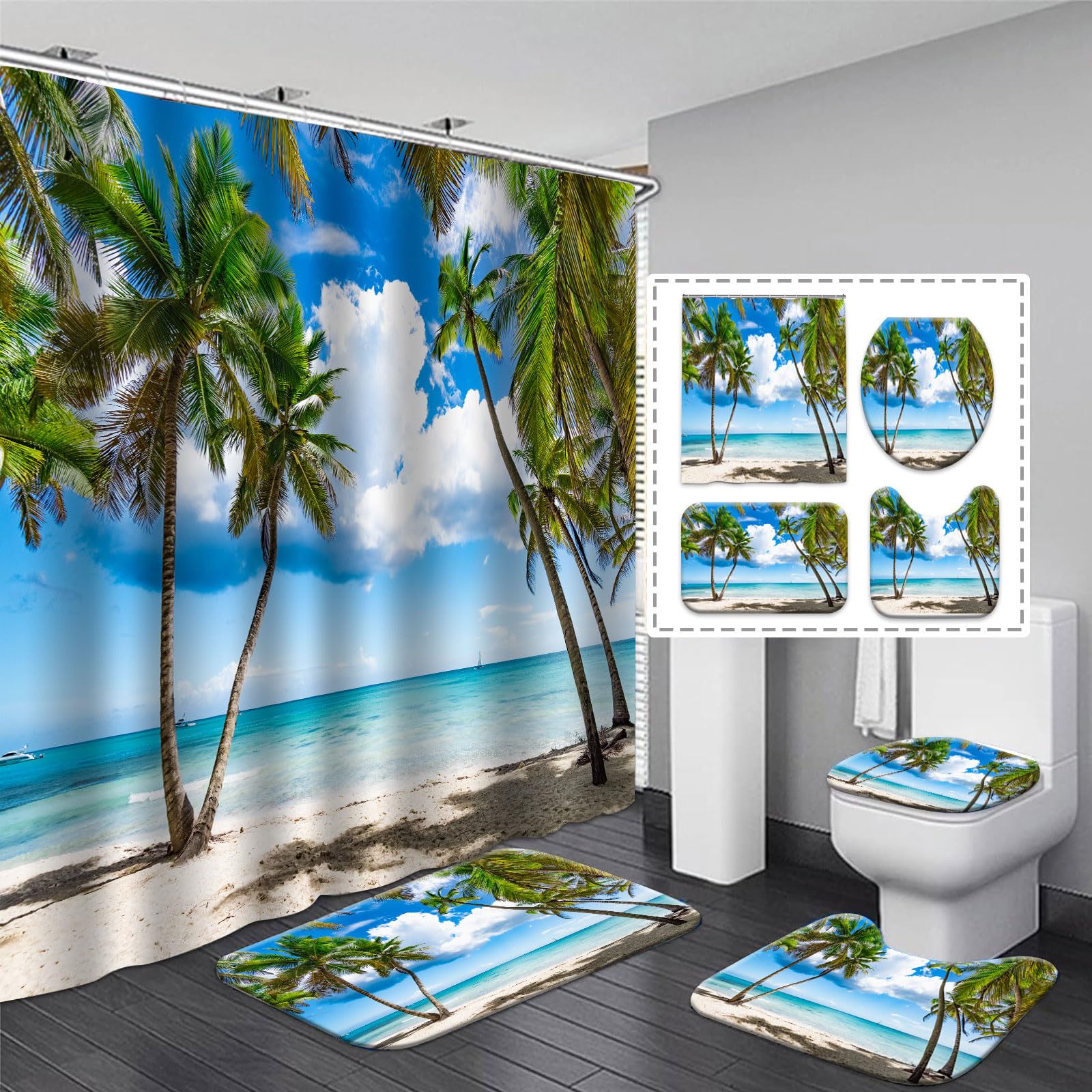 Tropical Palm Tree Shower Curtain Sets With Rugs 4 Piece, Coastal Blue Ocean Shower Curtain Bathroom Decor Waterproof Polyester Fabric Summer Beach