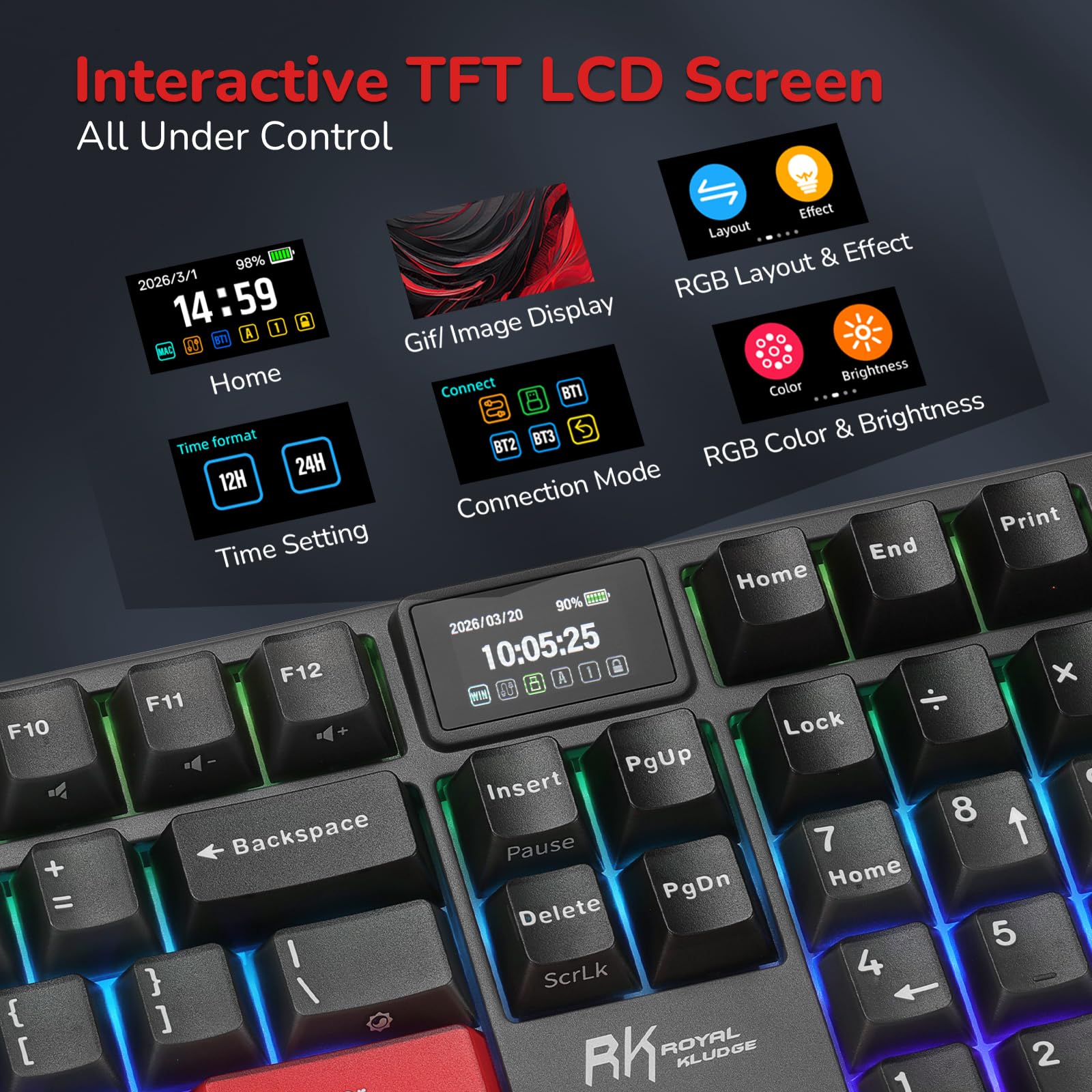 RK ROYAL KLUDGE S104 bezprzewodowa mechaniczna klawiatura gamingowa zwyświetlaczem pokrętłem101klawiszy, pełnowymiarowa RGB órze, BT/2,4GHz/USB-C, akumulator 8000mAh, sterowniki internetowe, hot-swap