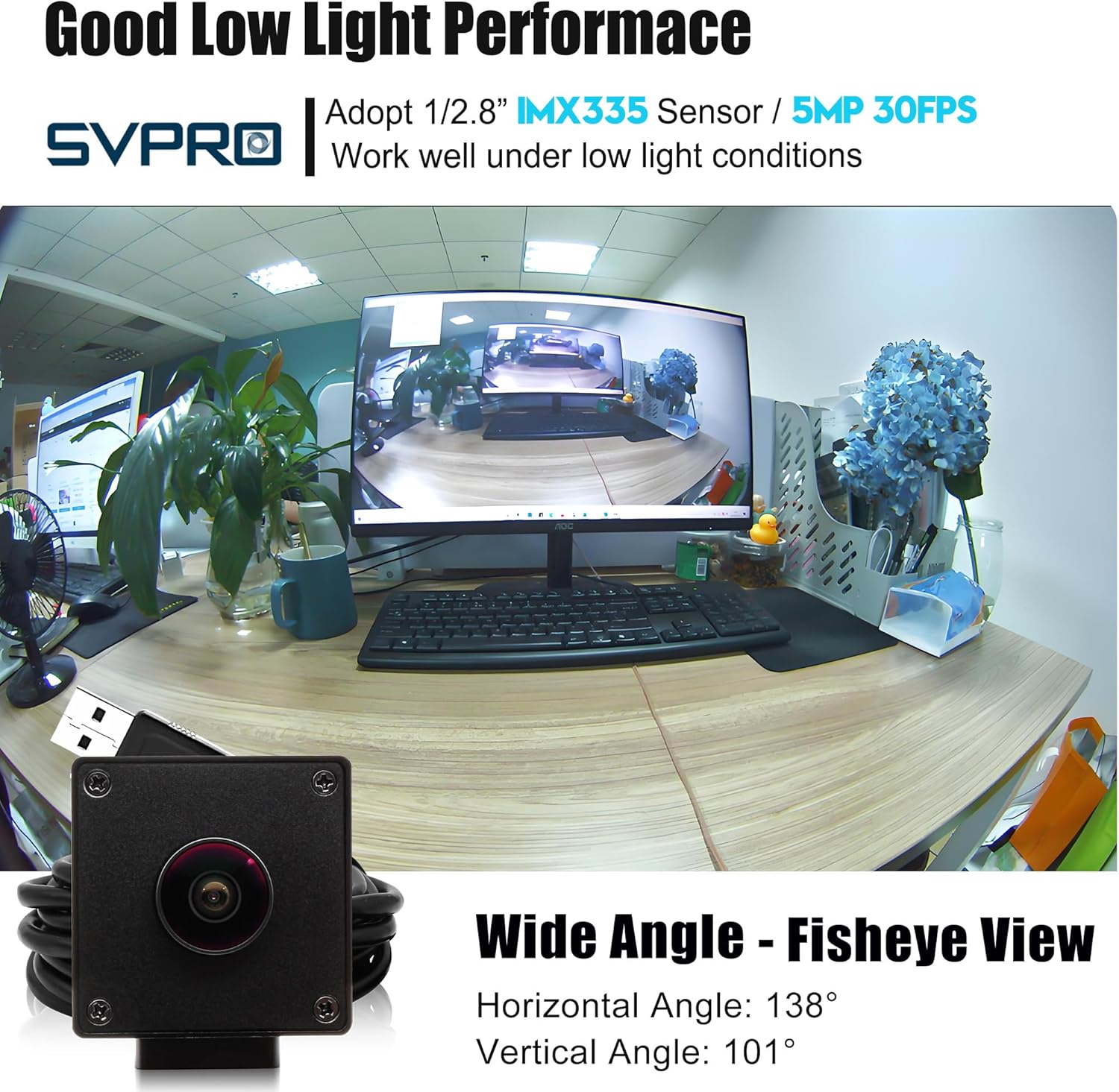 SVPRO 5MP 30FPS Autofocus USB Camera Module, Wide Angle 138°, IMX335 Sensor, Low-Light Security Webcam for Industrial Machine Vision, UVC Plug & Play for Windows, macOS, Linux, Android