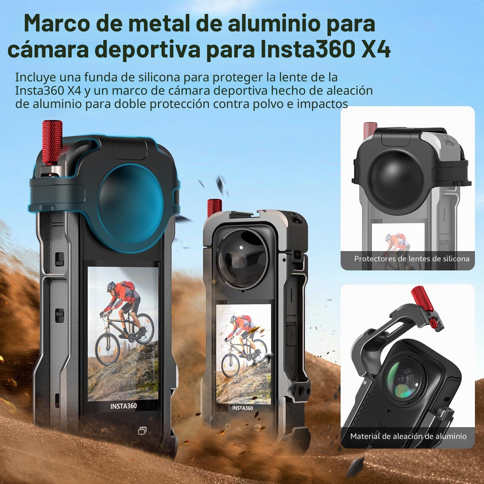 REYGEAK Funda para Insta360 X4, Marco de Aluminio para Insta360 X4, Jaula Protectora con Cubierta de Lente de Silicona, Interfaz de Zapata fría con roscas de 1/4 Pulgadas, Montaje de Zapata fría con