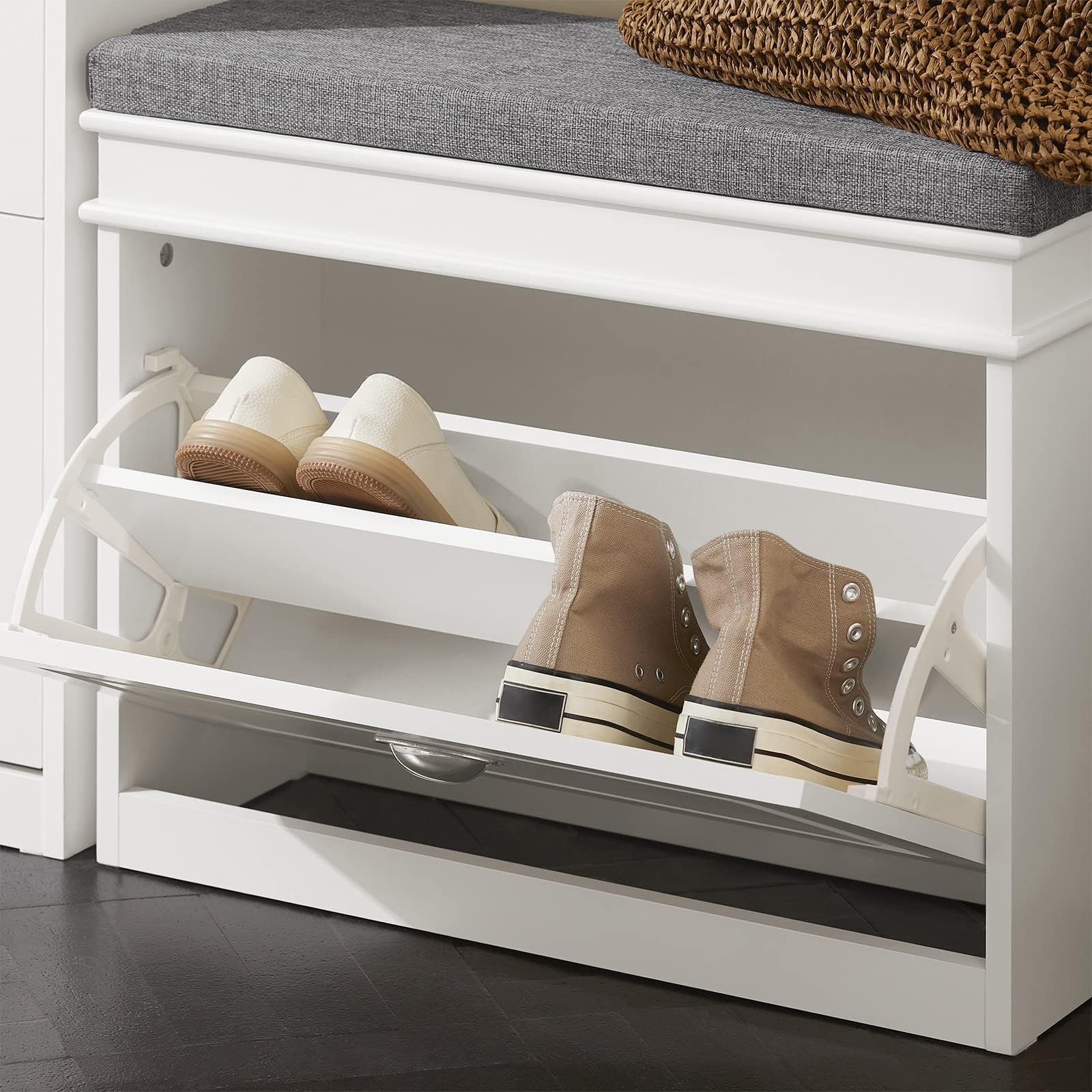 SoBuy Banc Chaussures avec abattant 60x24x51cm pour entrée | Meuble d'entrée avec coussin mousse haute densité, MDF E1 FSC, coffre caché, charge 150kg, blanc FSR82-K-W