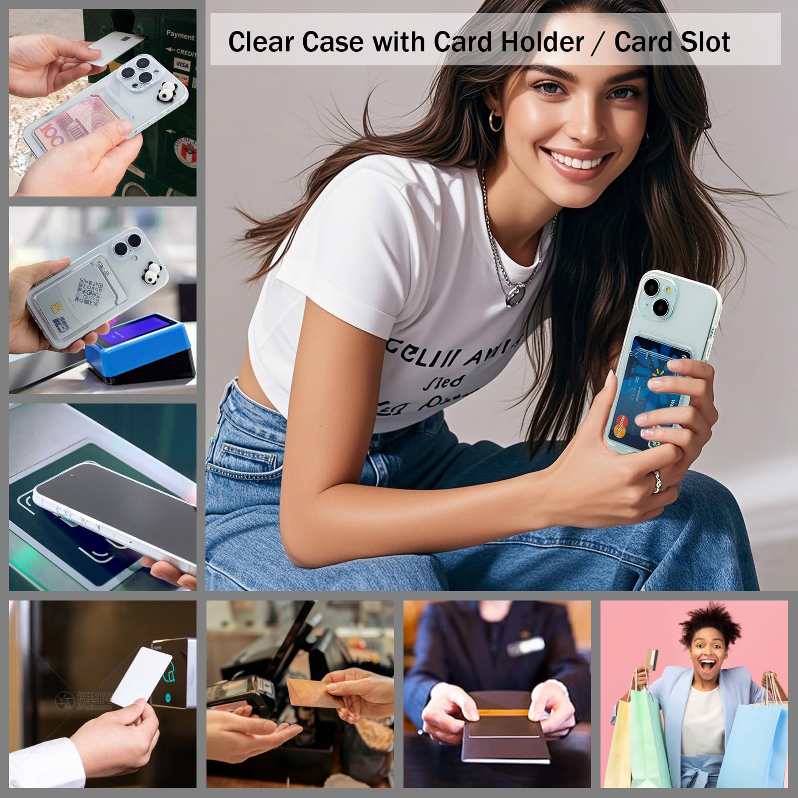 Chengyuanfeng Cover Trasparente per iPhone 15 con Porta Carte, Custodia Ultra-Sottile 1,5 mm in TPU Antigiallo Antiurto, Minimalista con Slot per 1 Carta, per Pendolari, Metro e Pagamenti Contactless