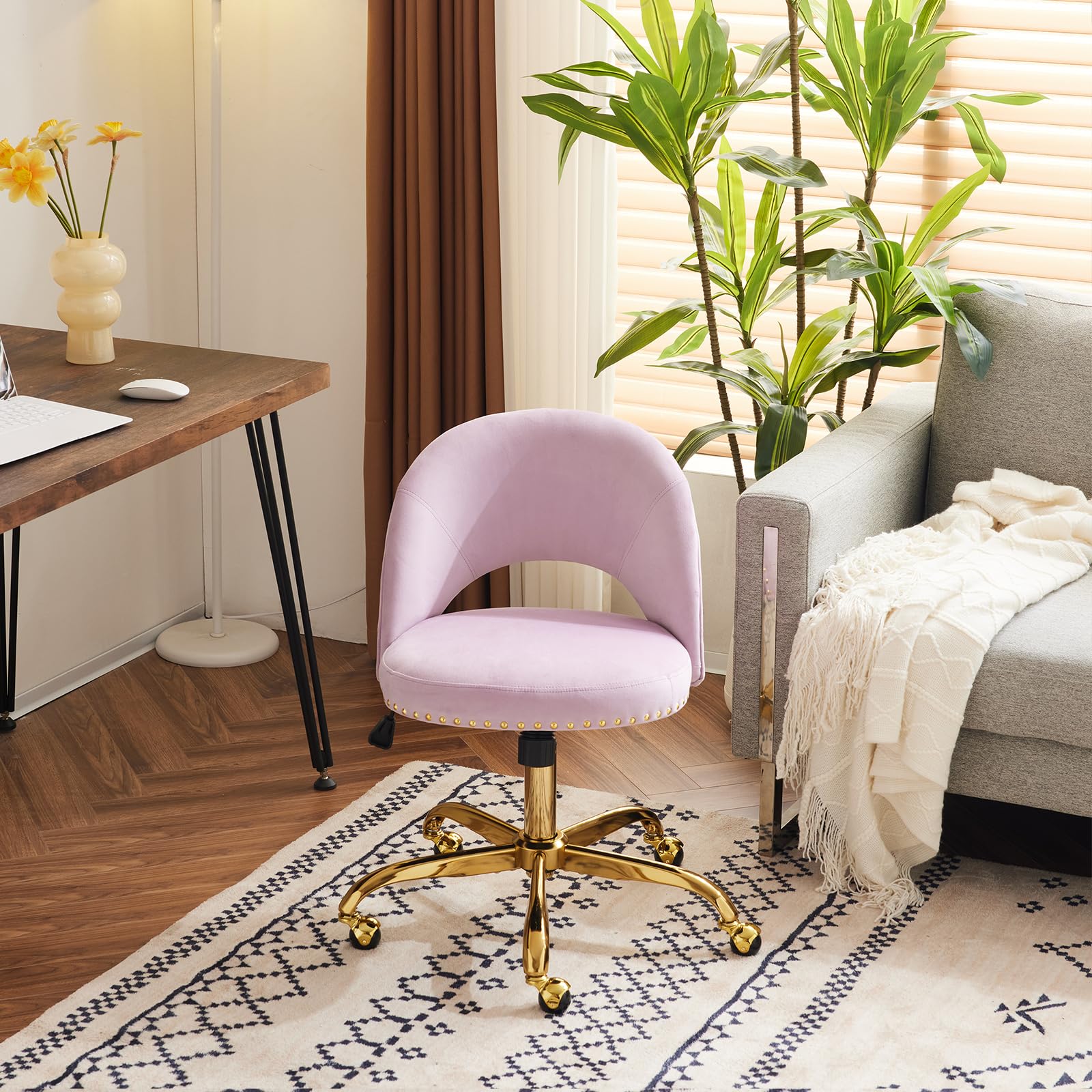 Bonnlo Swivel Desk Chair Velvet Vanity Chair, Comfy Dressing Table Chair With Adjustable Height, Cute Office Chair with for Home Office, Make up Room, Bedroom, Delicate Purple