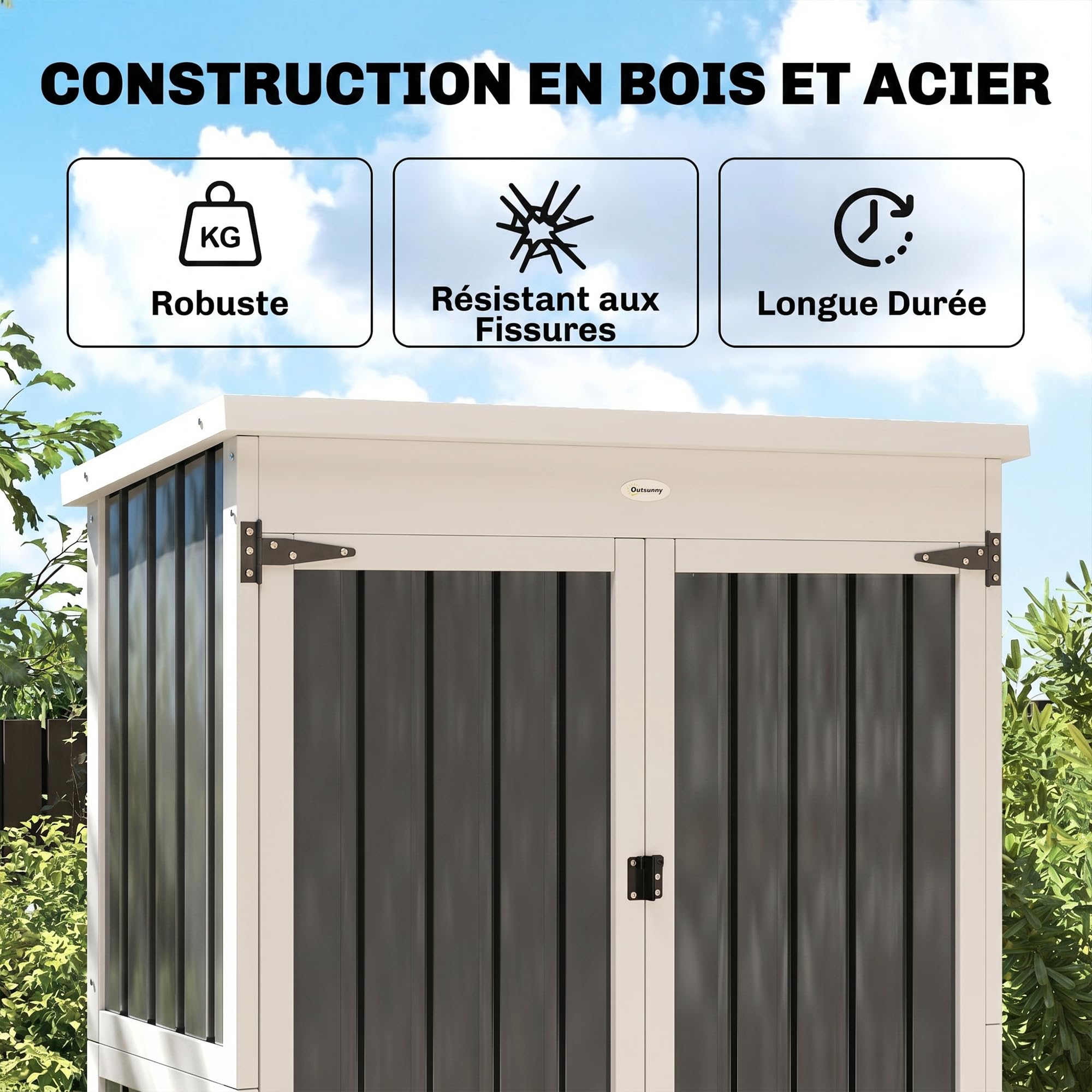Outsunny Armoire de Jardin en Bois Acier Galvanisé Portes Doubles Noir | Fermeture Métallique, 3 Étagères Amovibles, Toit en Asphalte Imperméable, Base Élevée