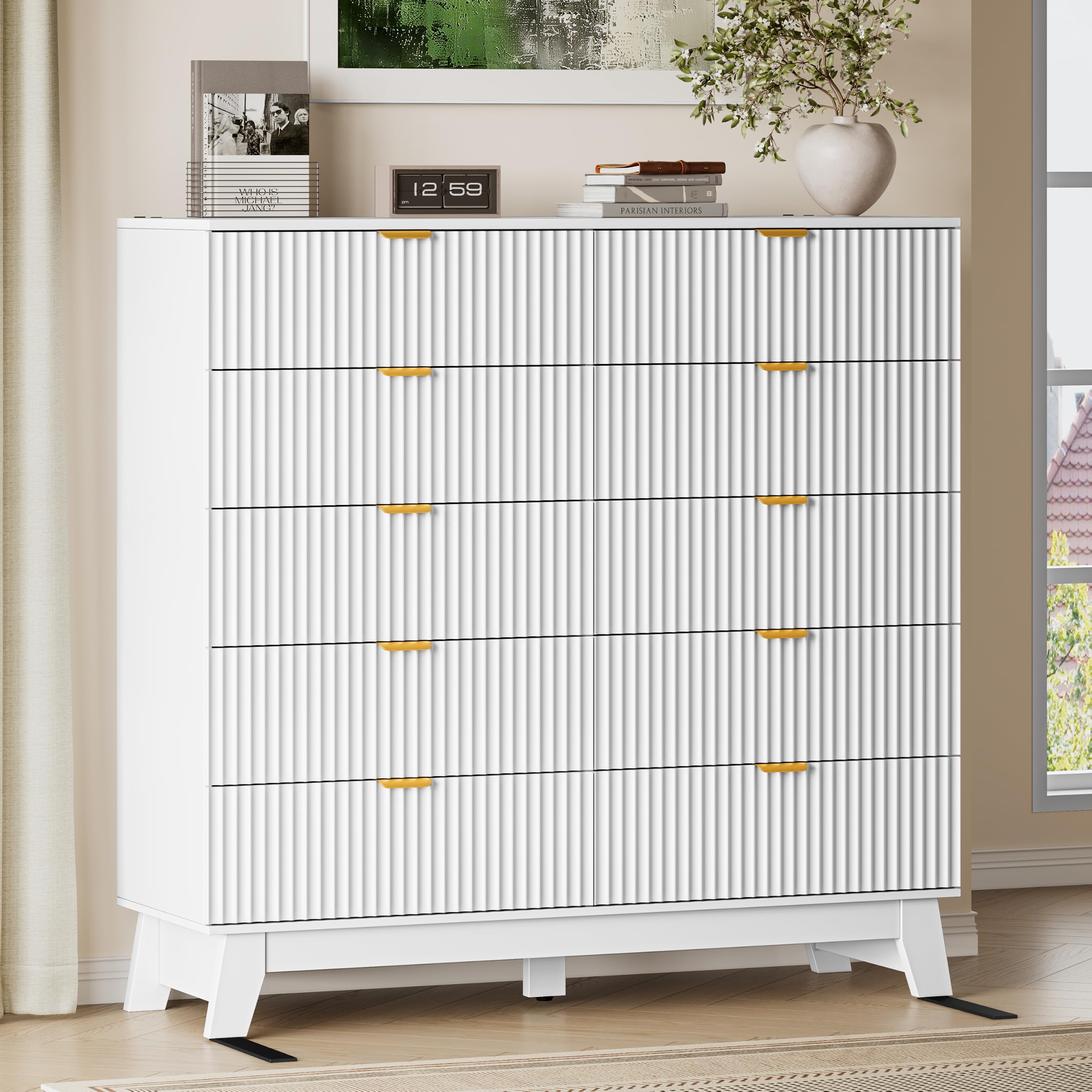 BORNOON 46" Tall Dresser for Bedroom, 10-Drawer Fluted Chest of Drawers, Modern Wood Highboy with Metal Slides and Handles, Anti-Tip Kit, Vertical Clothes Storage Organizer for Apartment, Closet